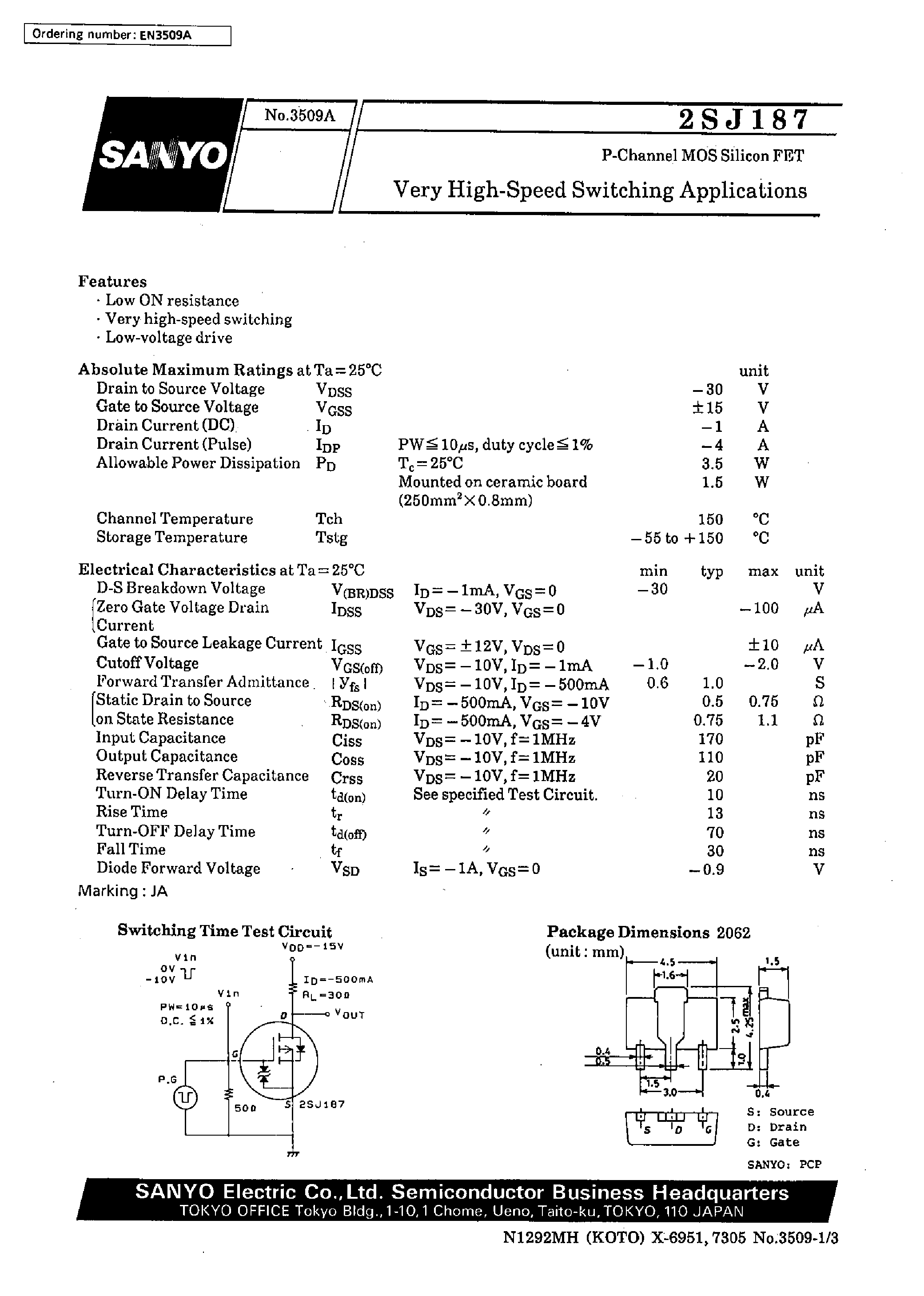 Datasheet 2SJ187 - Very High-Speed Switching Applications page 1