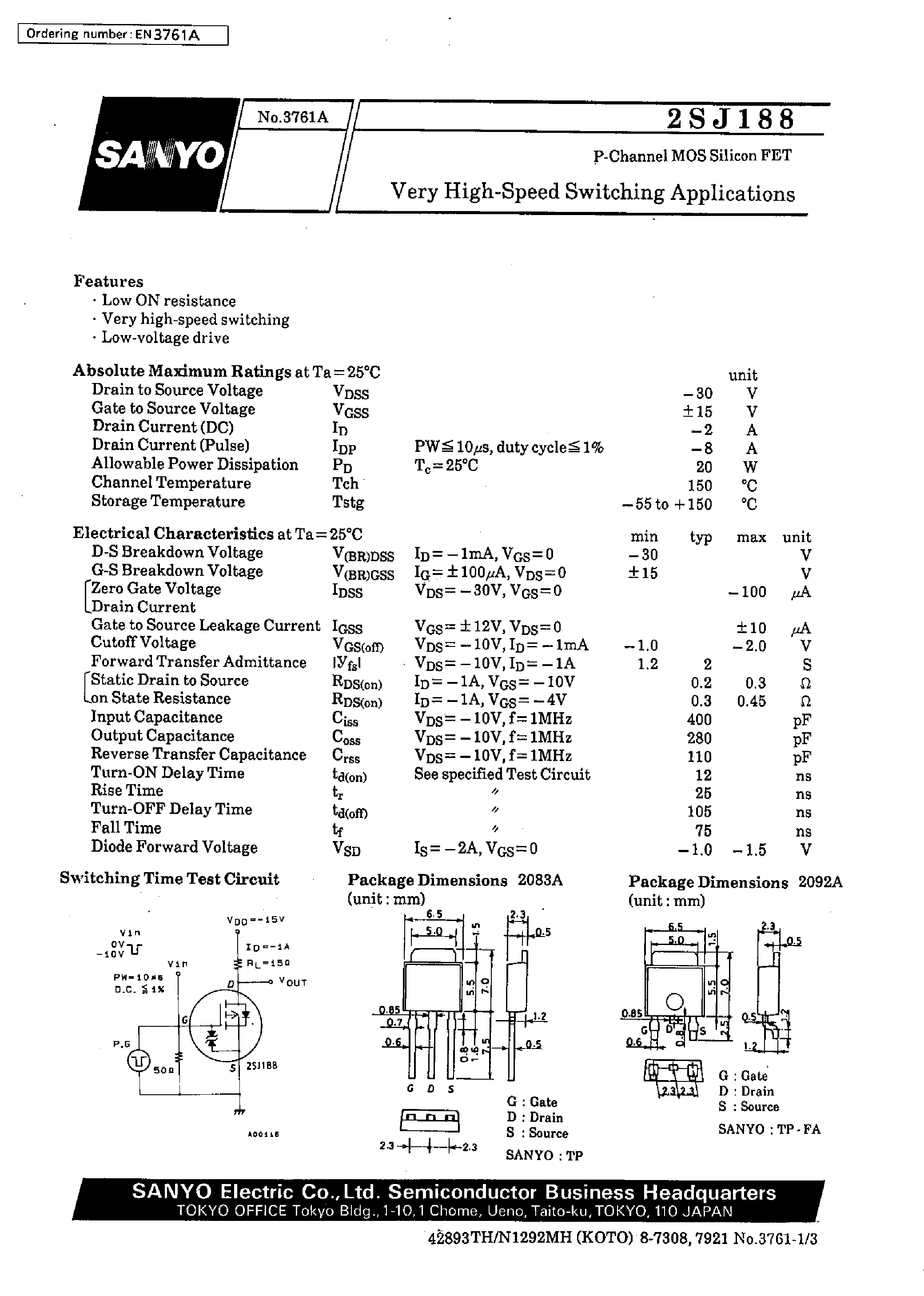 Datasheet 2SJ188 - Very High-Speed Switching Applications page 1