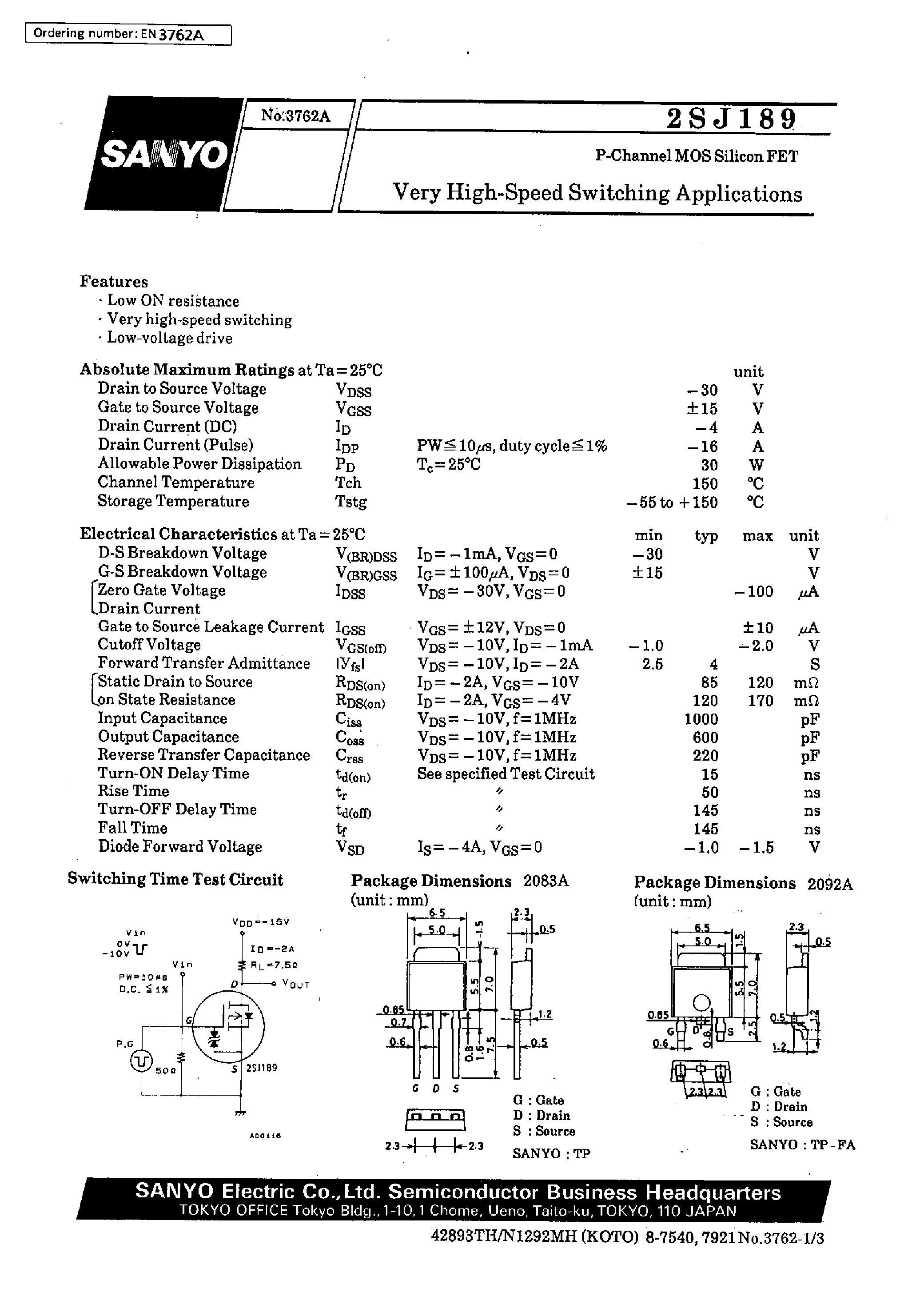 Datasheet 2SJ189 - Very High-Speed Switching Applications page 1