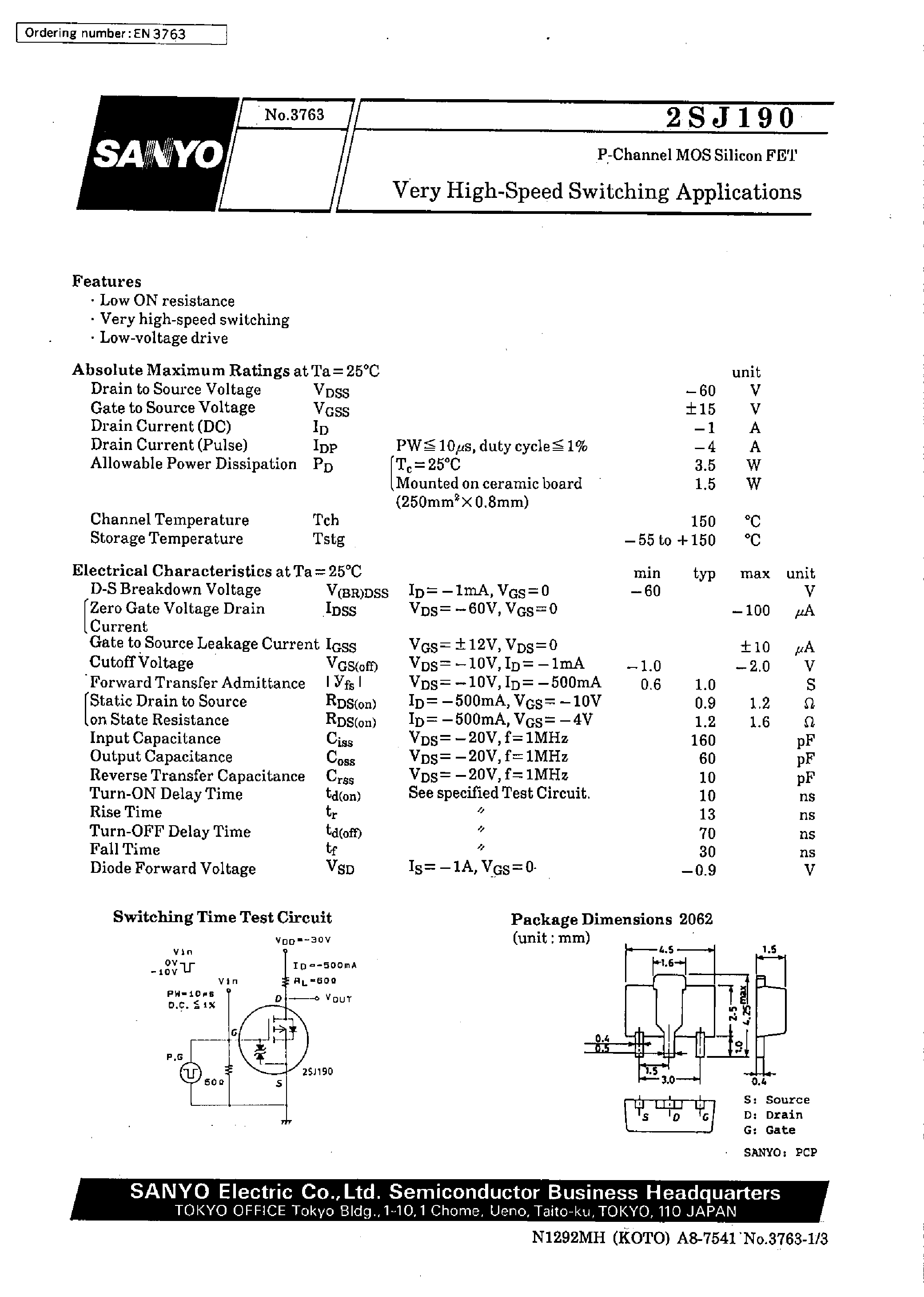 Datasheet 2SJ190 - Very High-Speed Switching Applications page 1