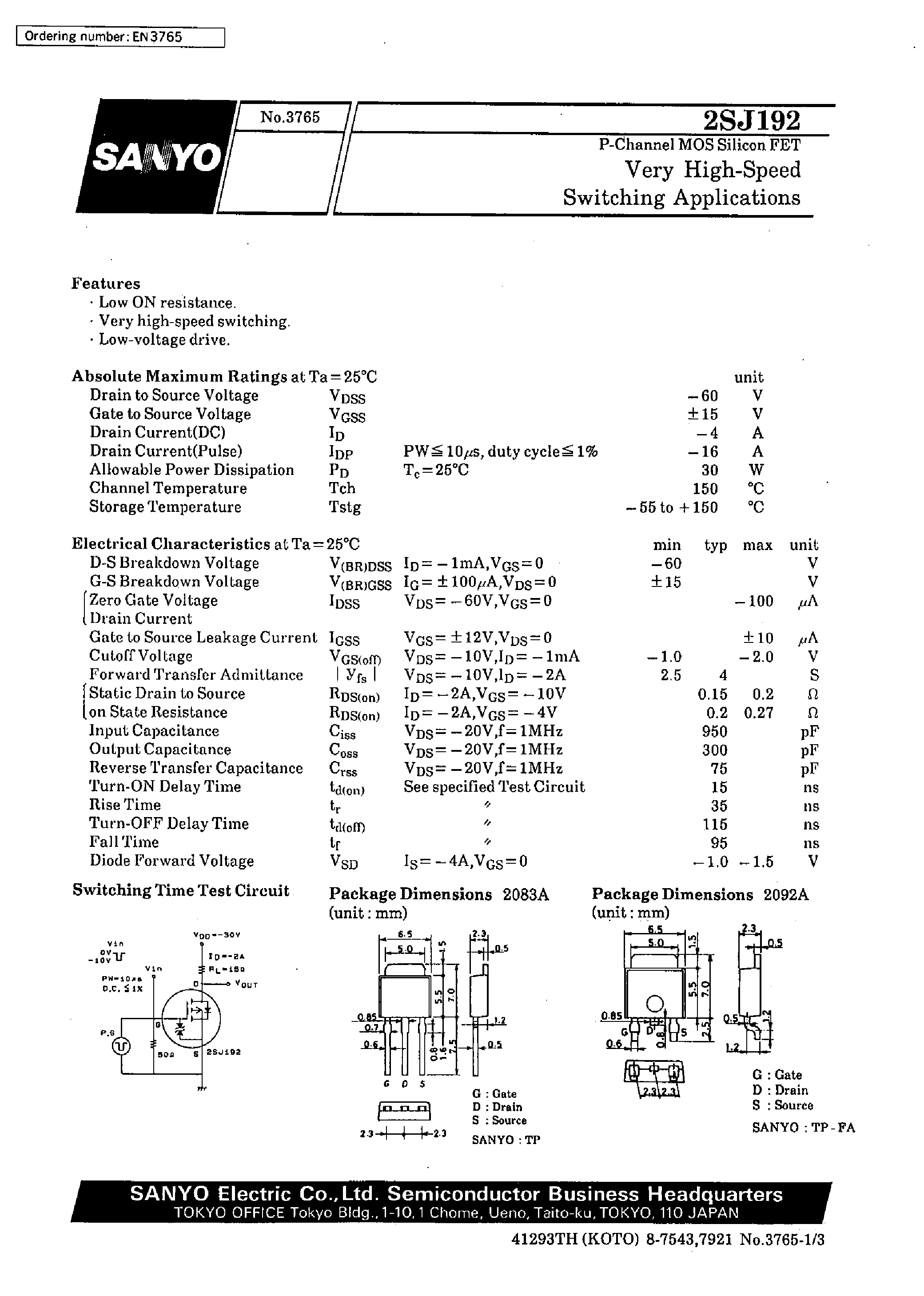 Datasheet 2SJ192 - Very High-Speed Switching Applications page 1