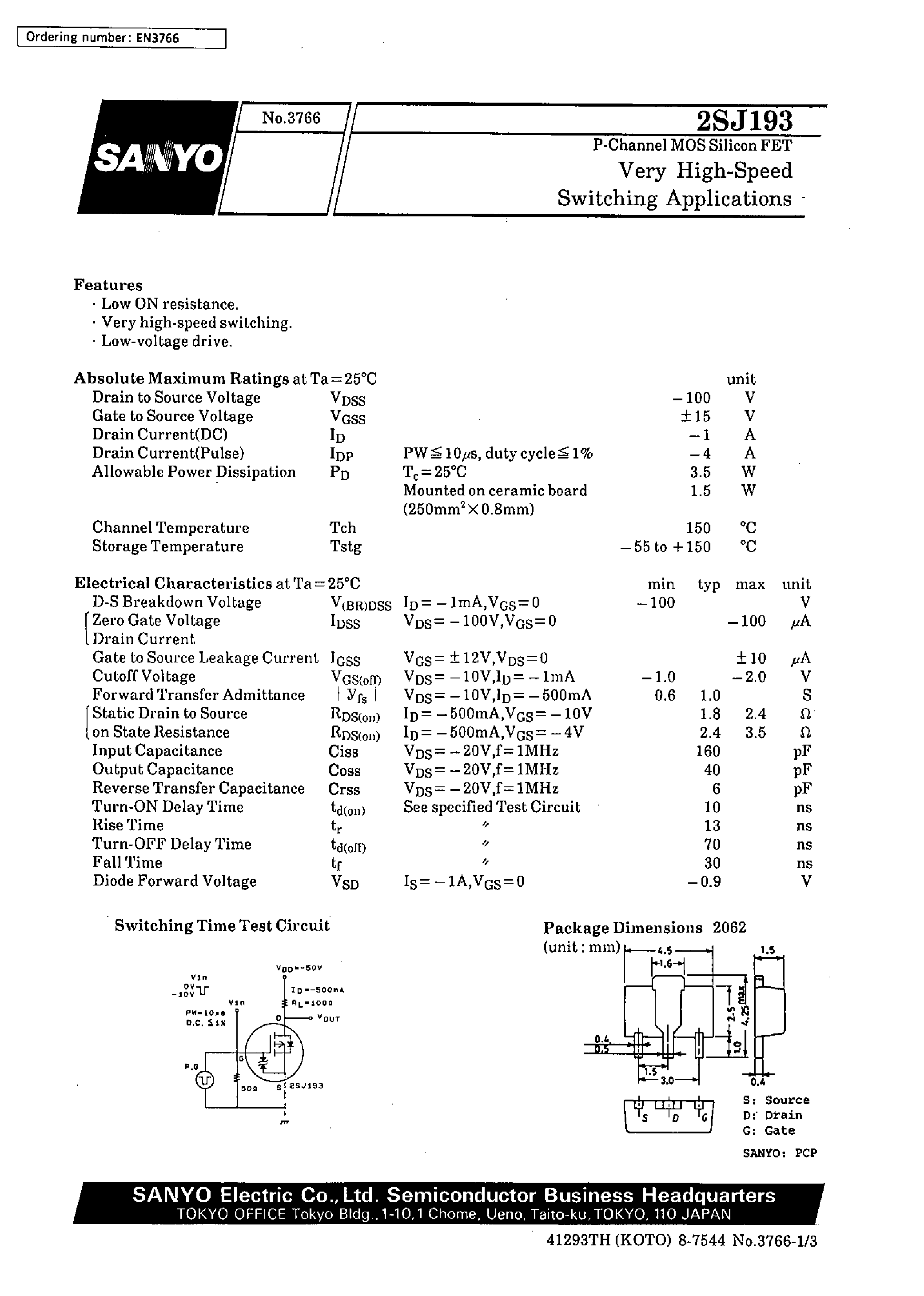 Datasheet 2SJ193 - Very High-Speed Switching Applications page 1