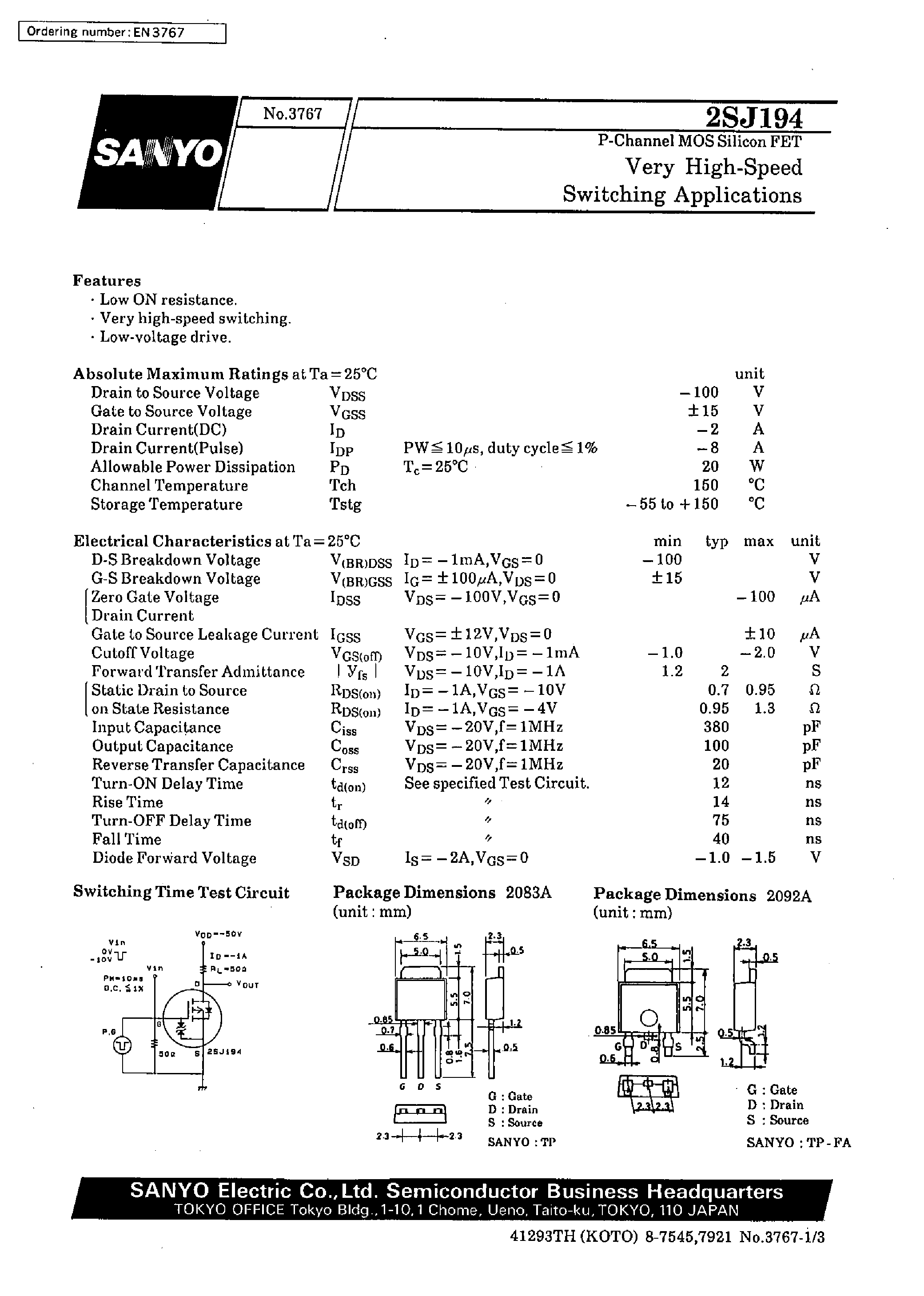 Datasheet 2SJ194 - Very High-Speed Switching Applications page 1