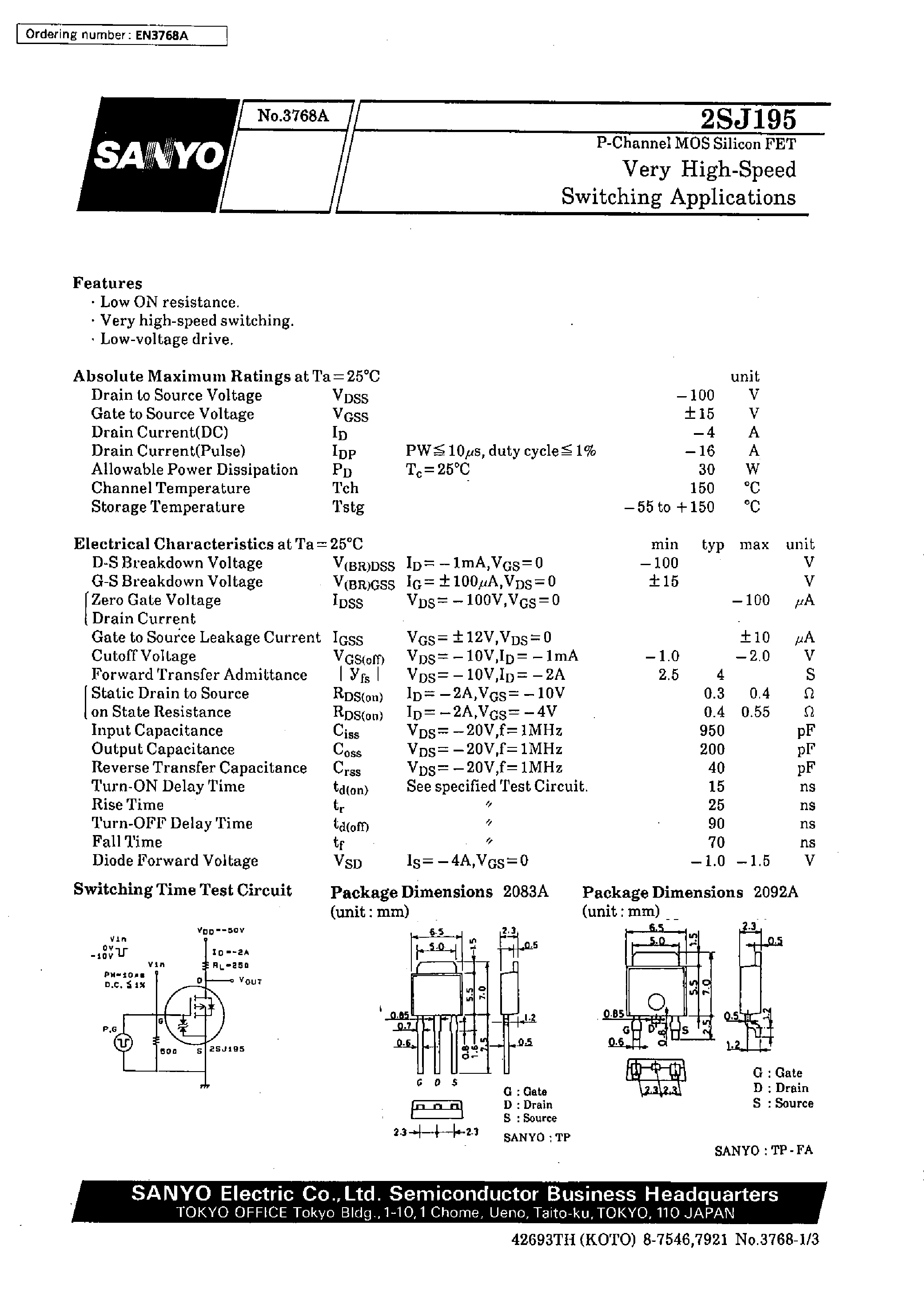 Datasheet 2SJ195 - Very High-Speed Switching Applications page 1