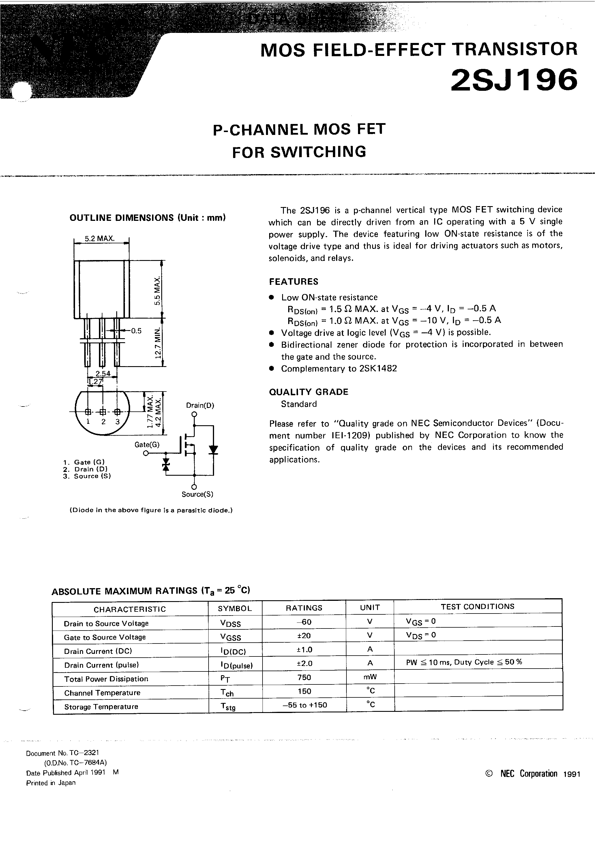 Datasheet 2SJ196 - P-CHANNEL MOS FET FOR SWITCHING page 1