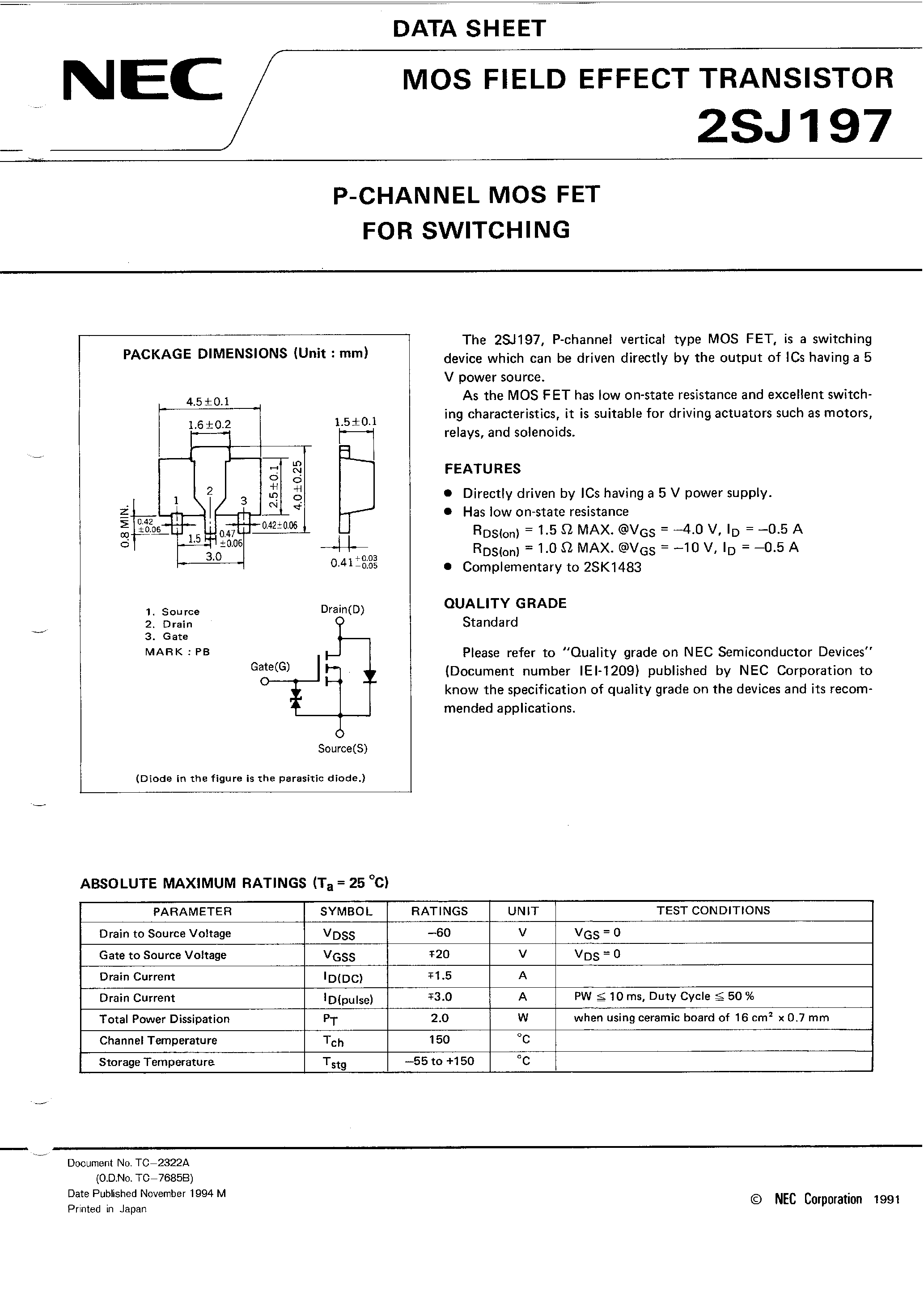 Datasheet 2SJ197 - P-CHANNEL MOS FET FOR SWITCHING page 1