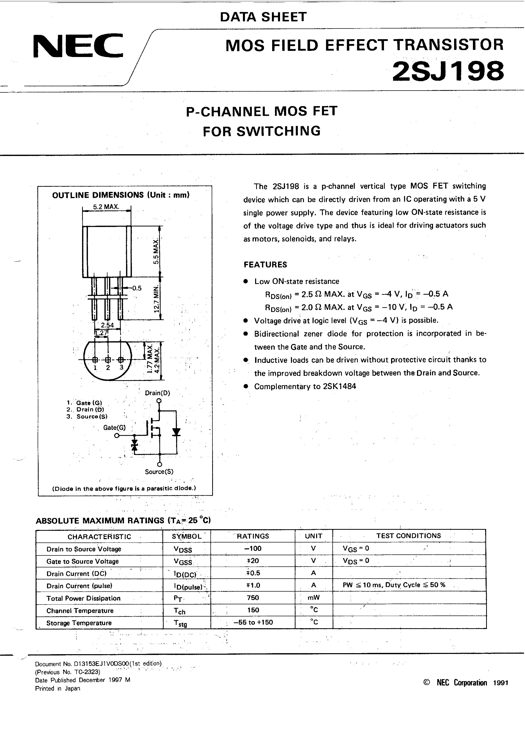 Datasheet 2SJ198 - P-CHANNEL MOS FET FOR SWITCHING page 1