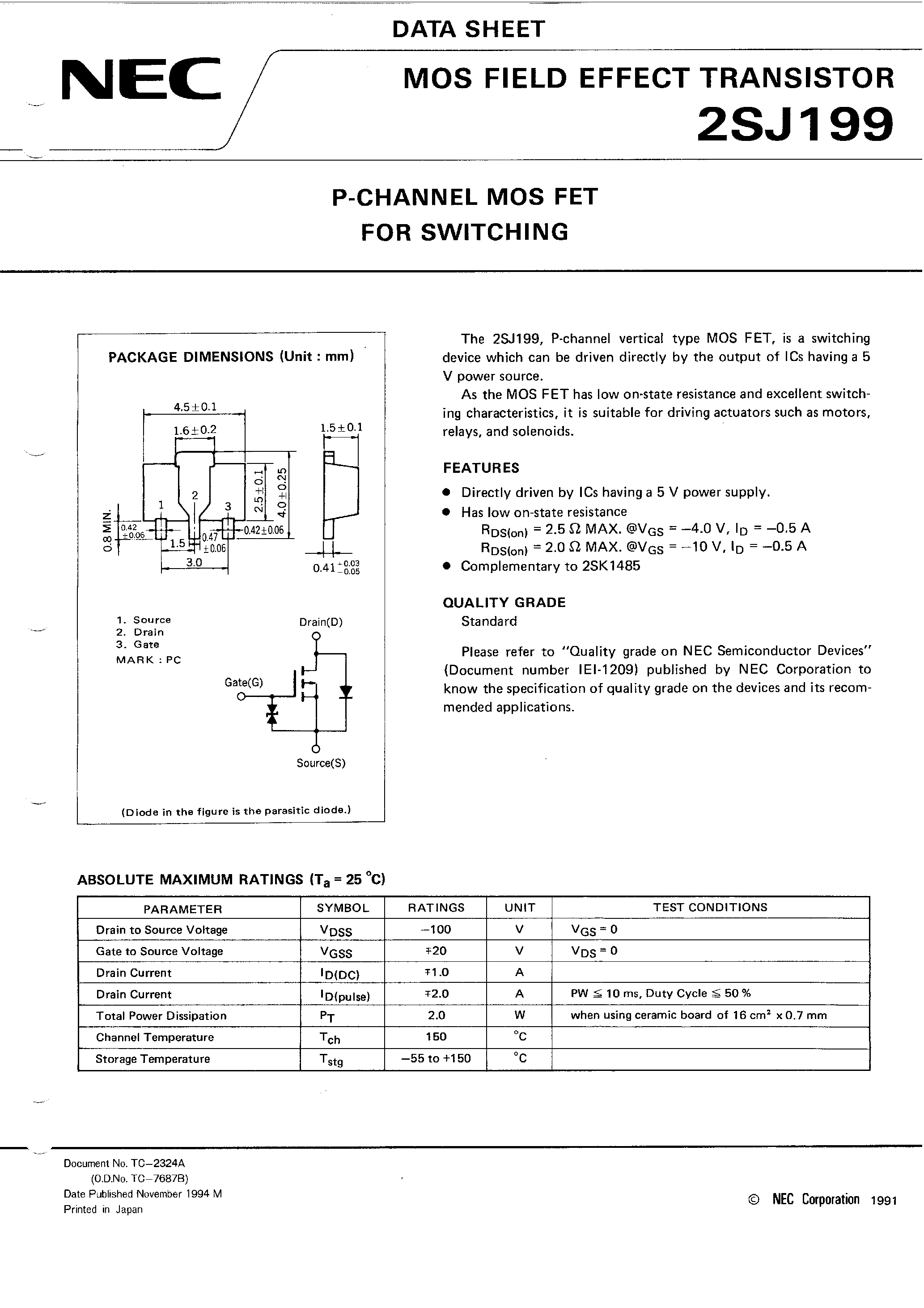 Datasheet 2SJ199 - P-CHANNEL MOS FET FOR SWITCHING page 1