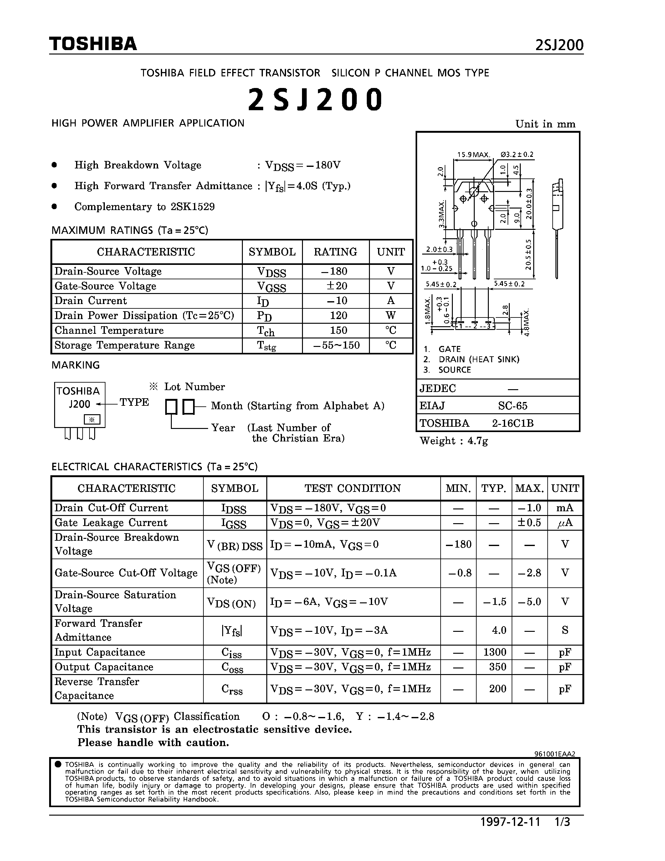 Datasheet 2SJ200 - P CHANNEL MOS TYPE (HIGH POWER AMPLIFIER APPLICATION) page 1