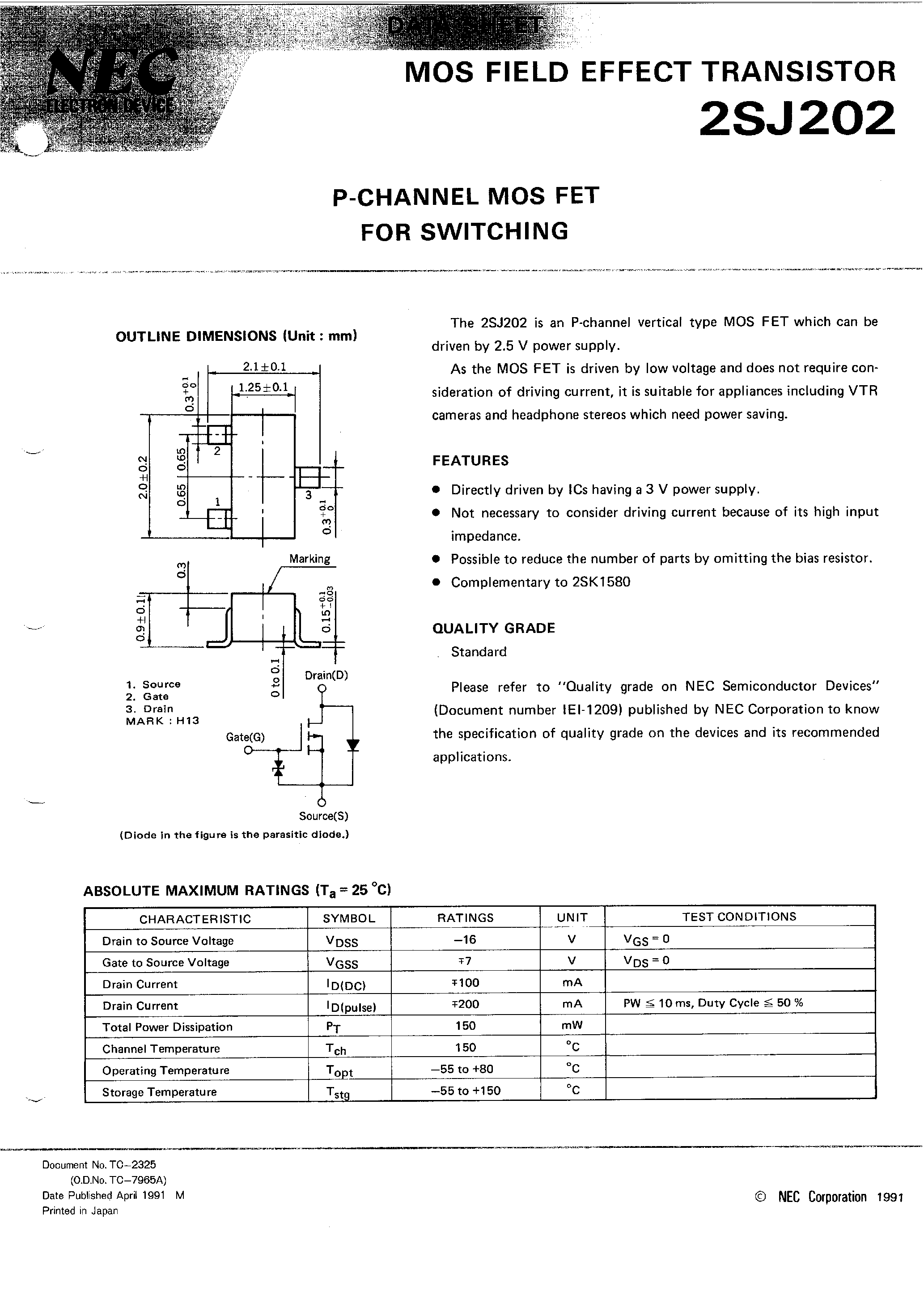 Datasheet 2SJ202 - P-CHANNEL MOS FET FOR SWITCHING page 1