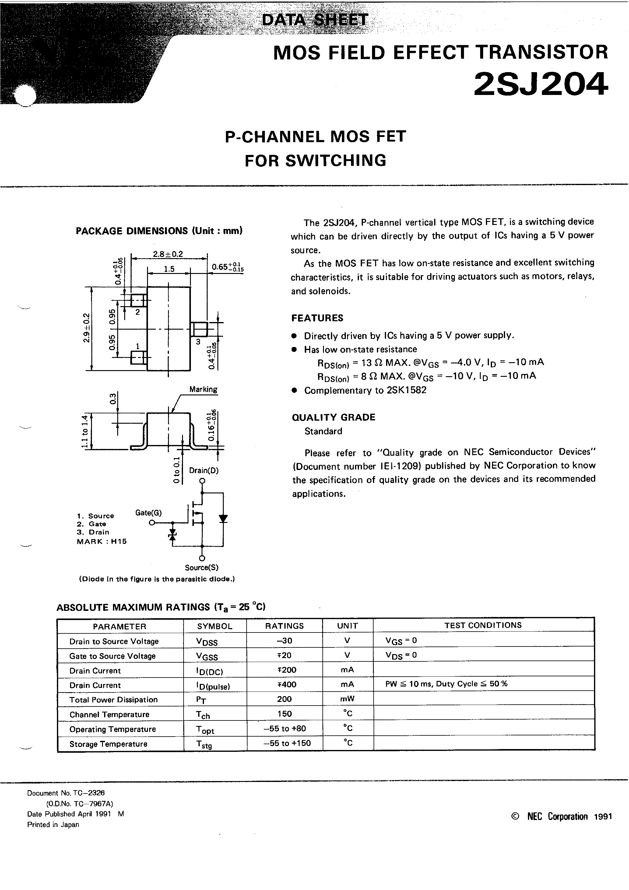 Datasheet 2SJ204 - P-CHANNEL MOS FET FOR SWITCHING page 1