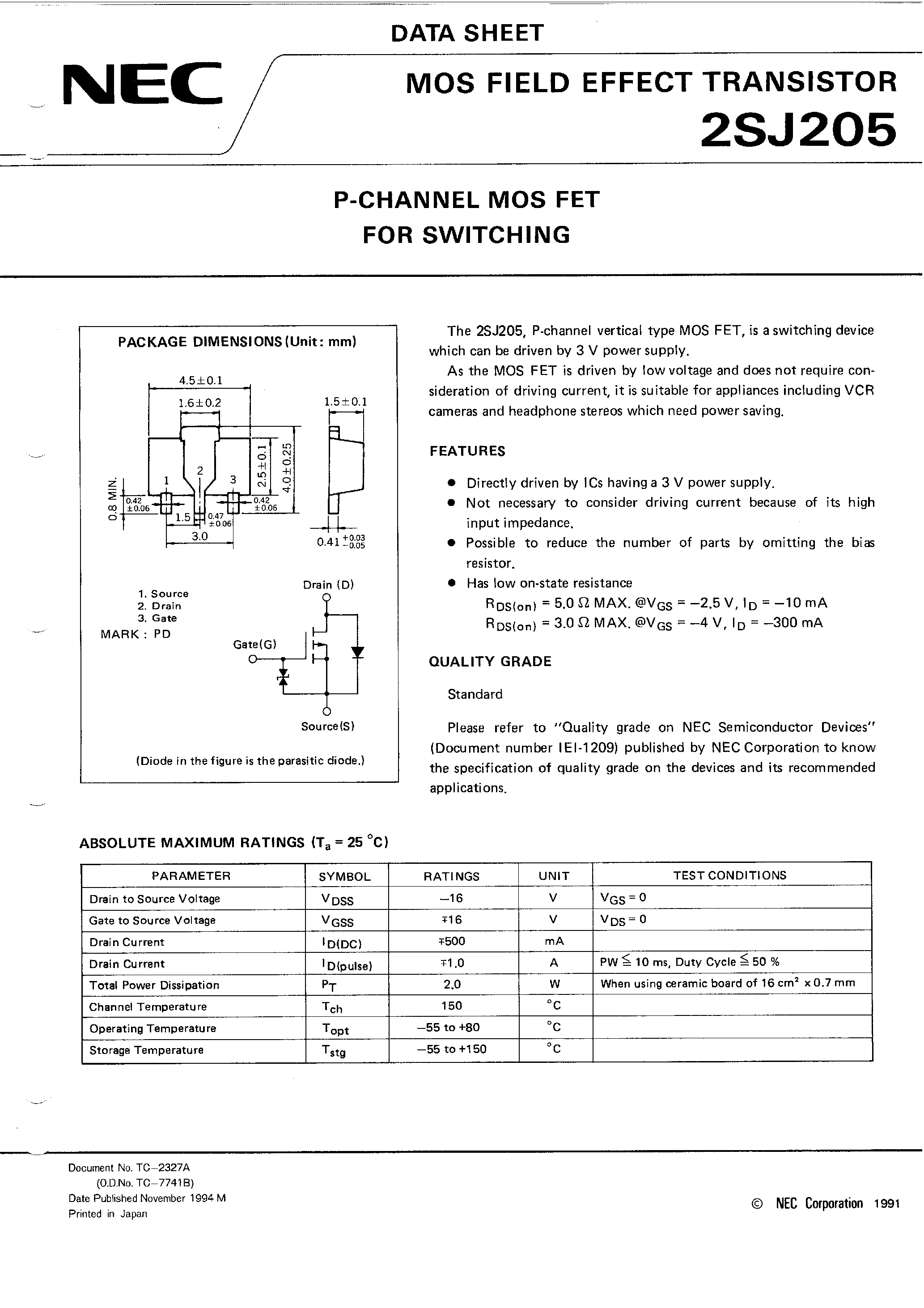 Datasheet 2SJ205 - P-CHANNEL MOS FET FOR SWITCHING page 1