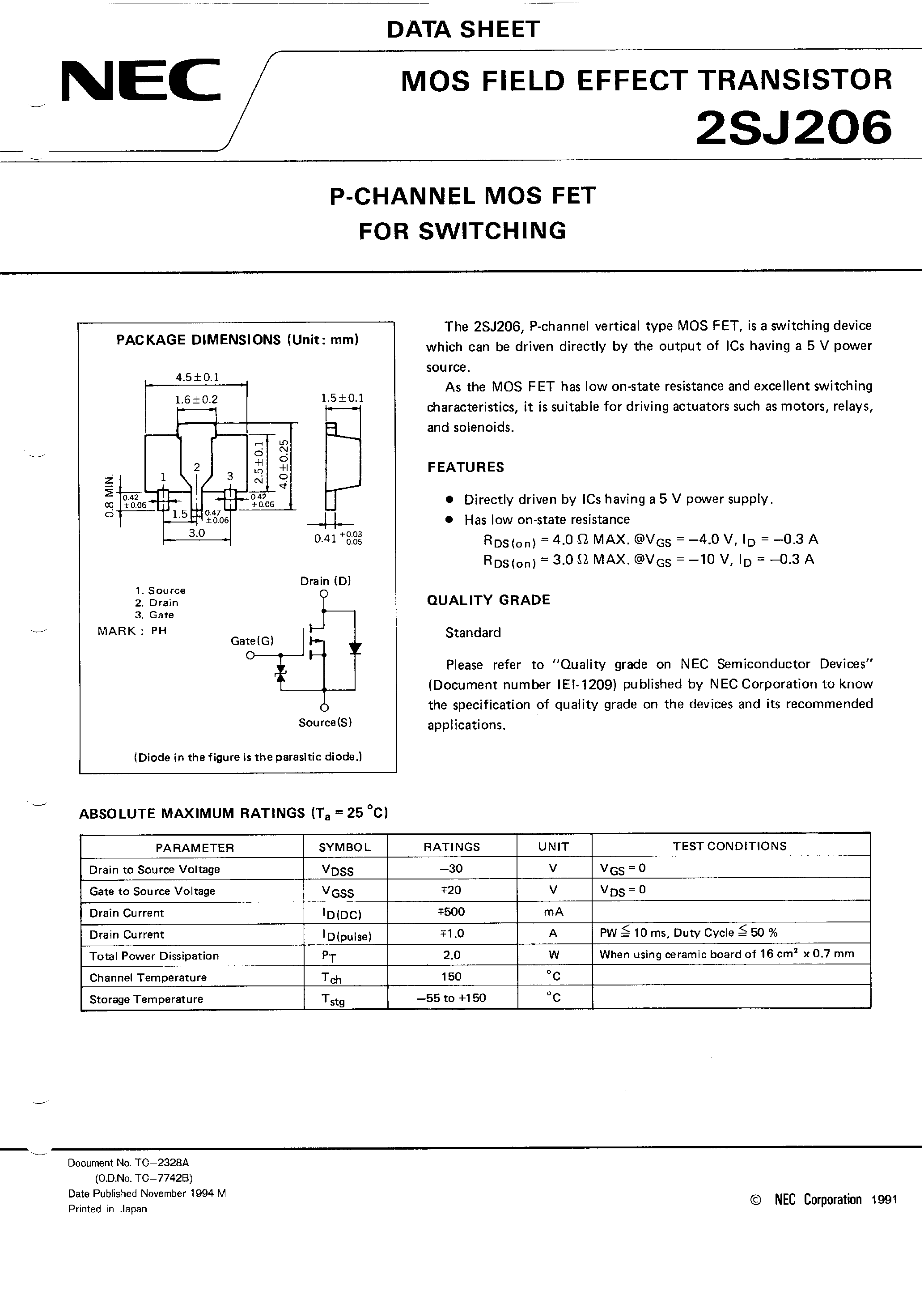 Datasheet 2SJ206 - P-CHANNEL MOS FET FOR SWITCHING page 1