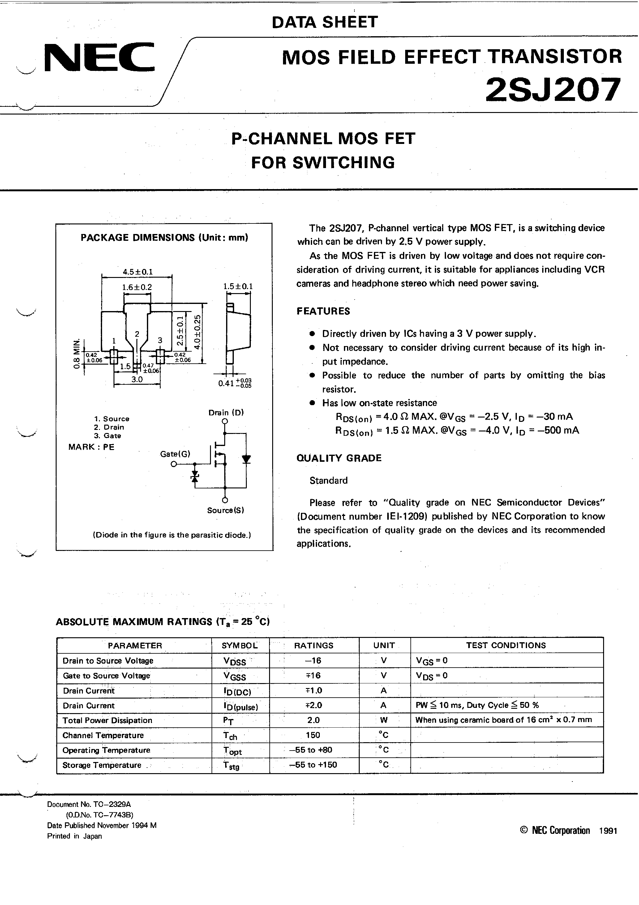 Даташит 2SJ207 - P-CHANNEL MOS FET FOR SWITCHING страница 1