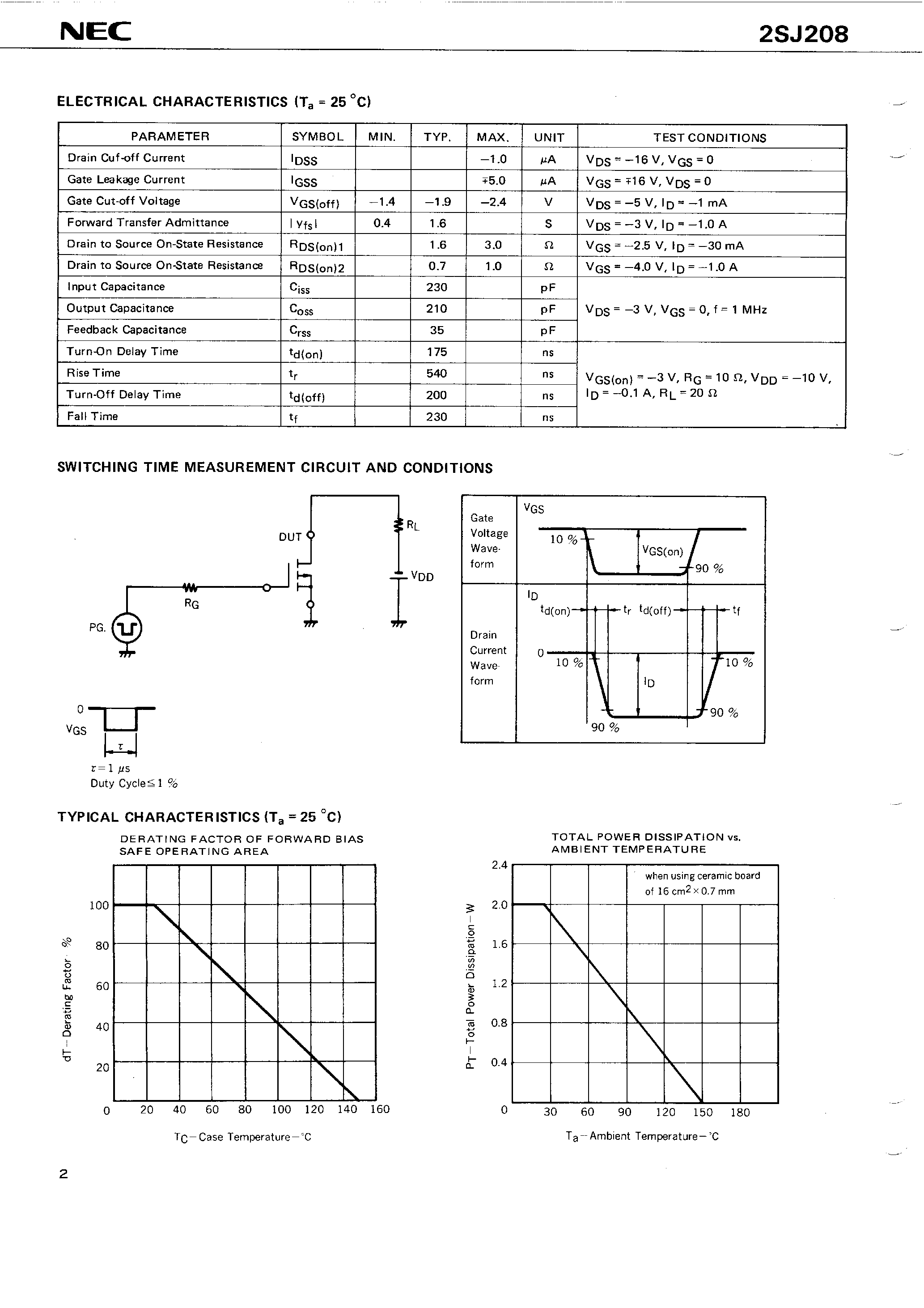 Даташит 2SJ208 - P-CHANNEL MOS FET FOR SWITCHING страница 2