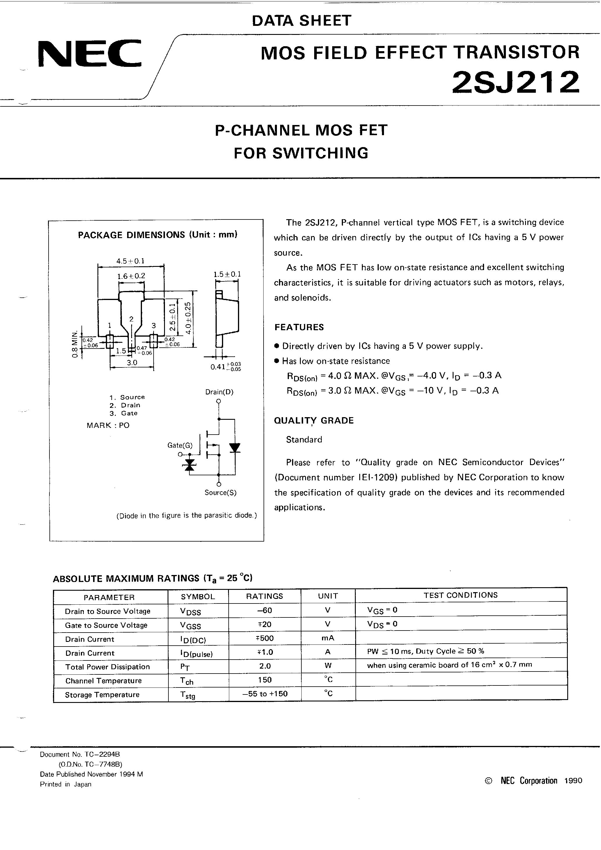 Даташит 2SJ212 - P-CHANNEL MOS FET FOR SWITCHING страница 1