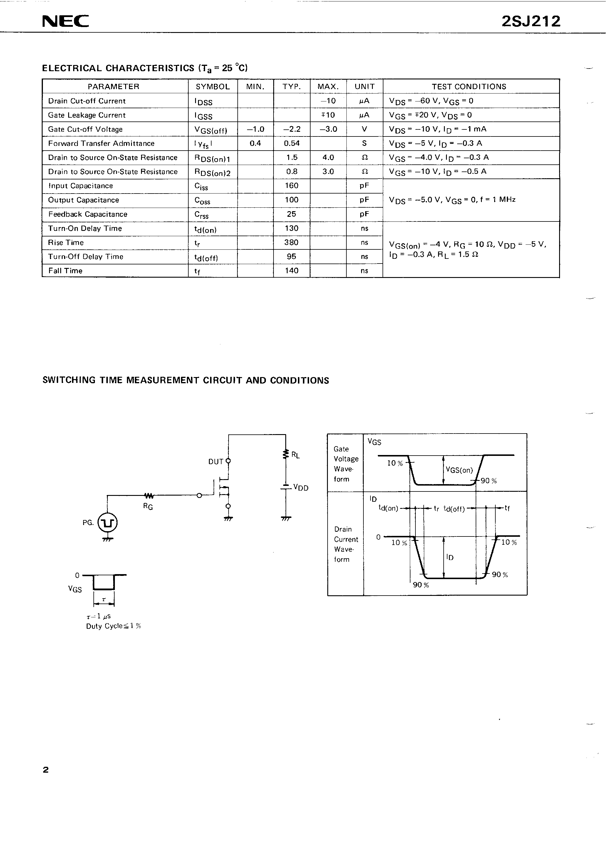 Даташит 2SJ212 - P-CHANNEL MOS FET FOR SWITCHING страница 2