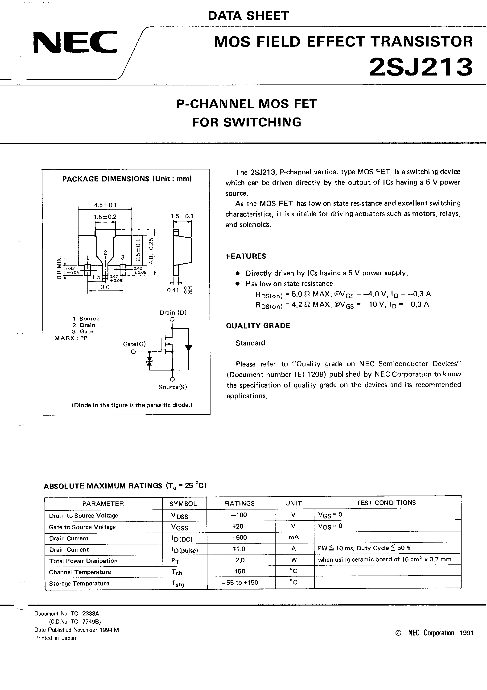 Datasheet 2SJ213 - P-CHANNEL MOS FET FOR SWITCHING page 1