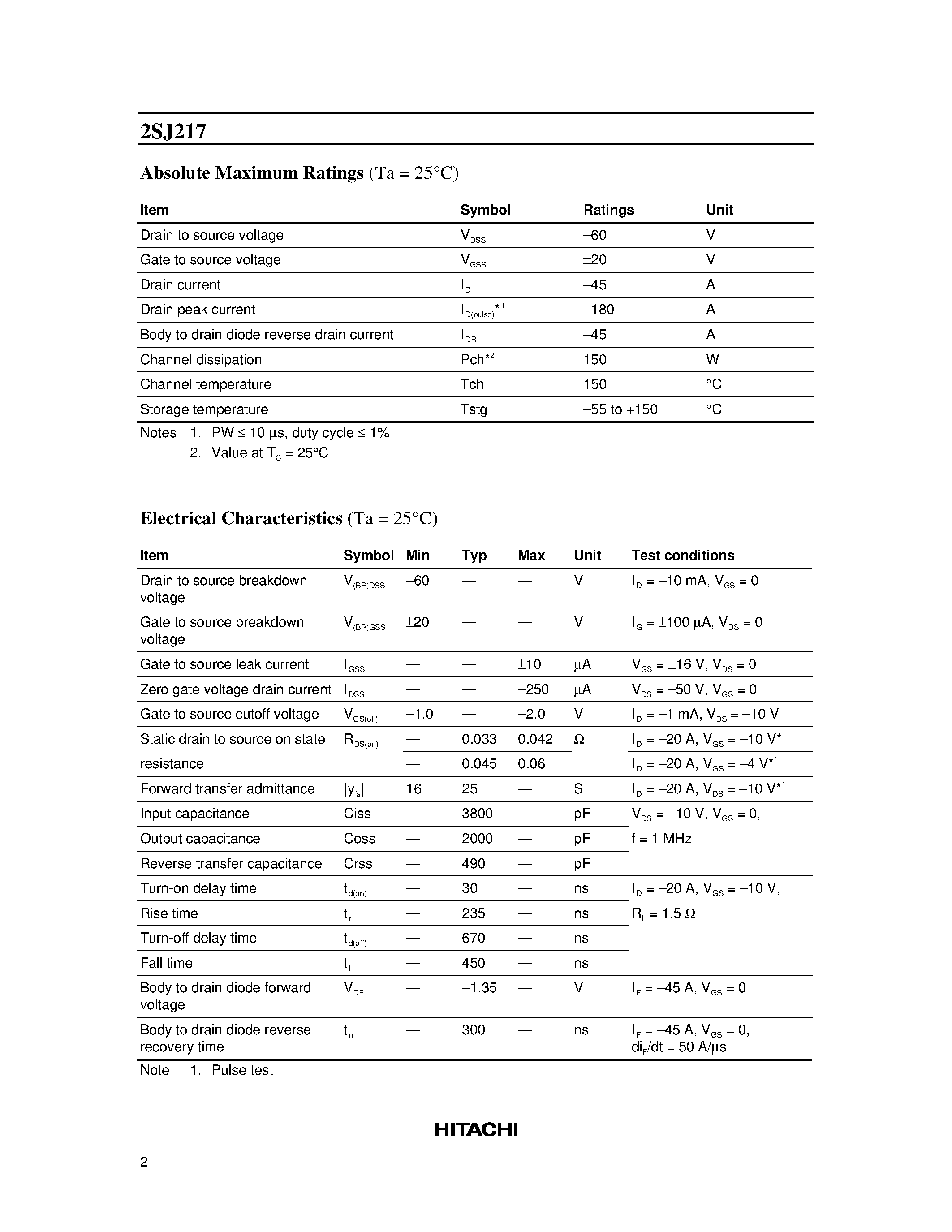 Datasheet 2SJ217 - Silicon P-Channel MOS FET page 2