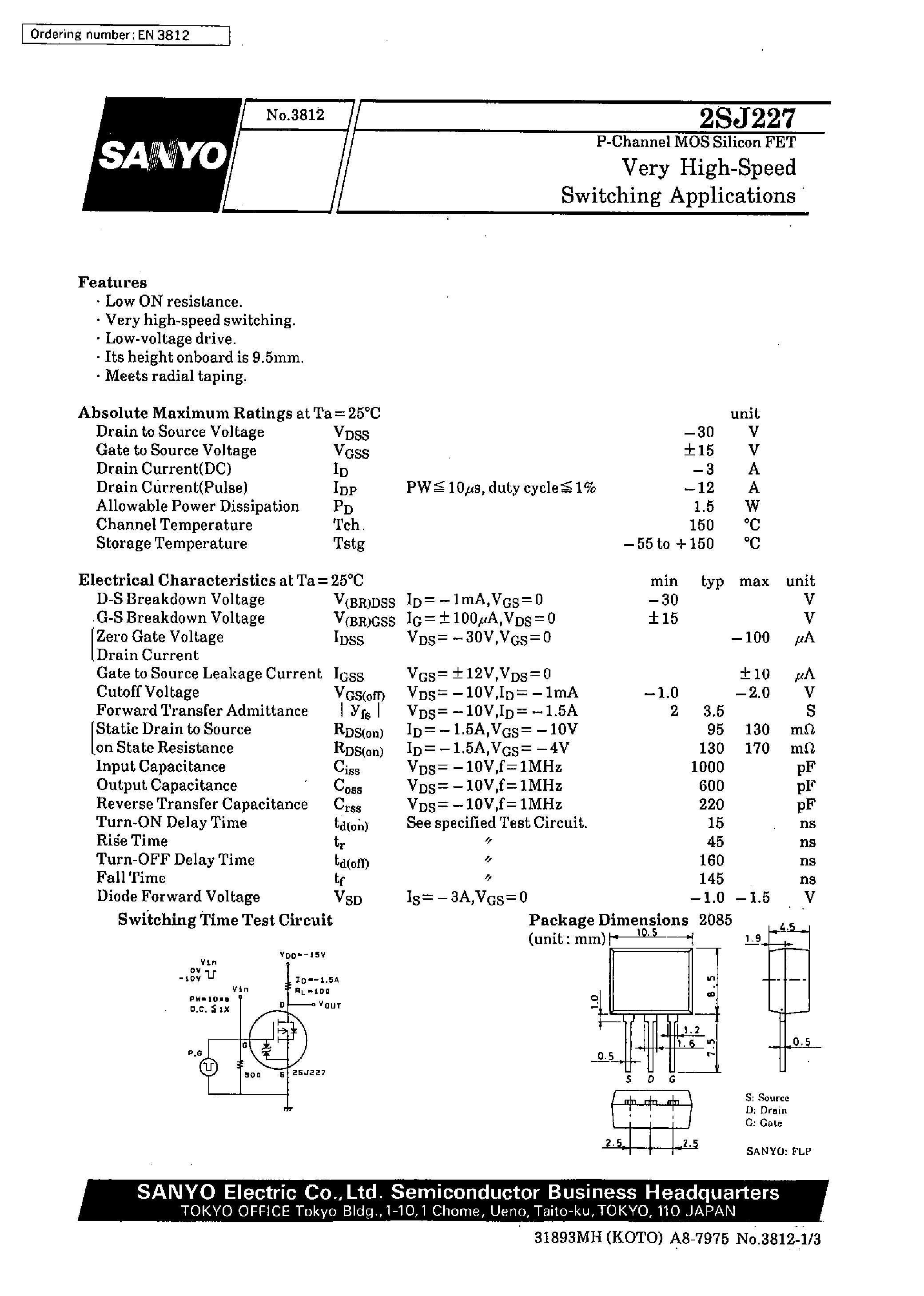 Даташит 2SJ227 - Very High-Speed Switching Applications страница 1