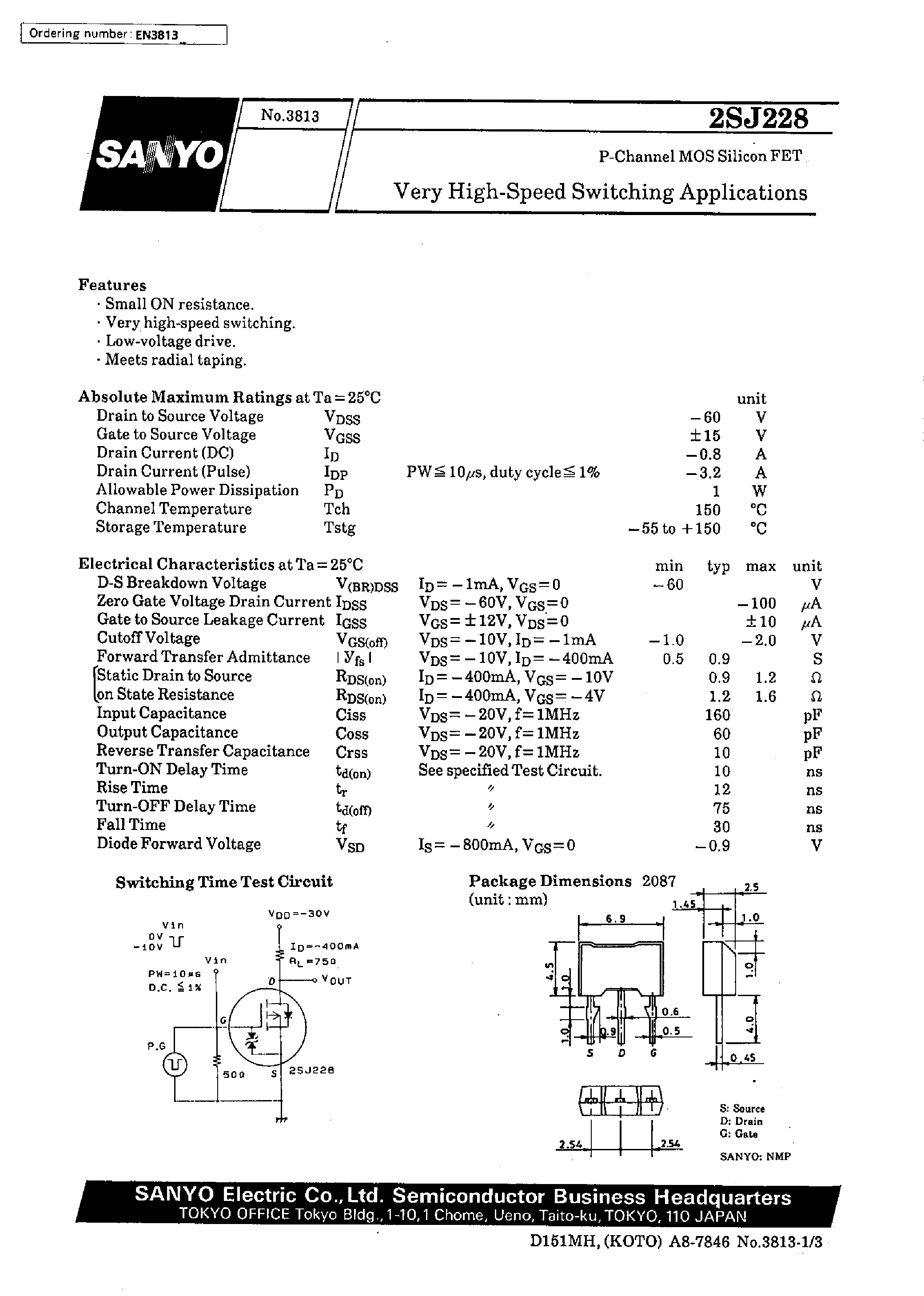 Даташит 2SJ228 - Very High-Speed Switching Applications страница 1