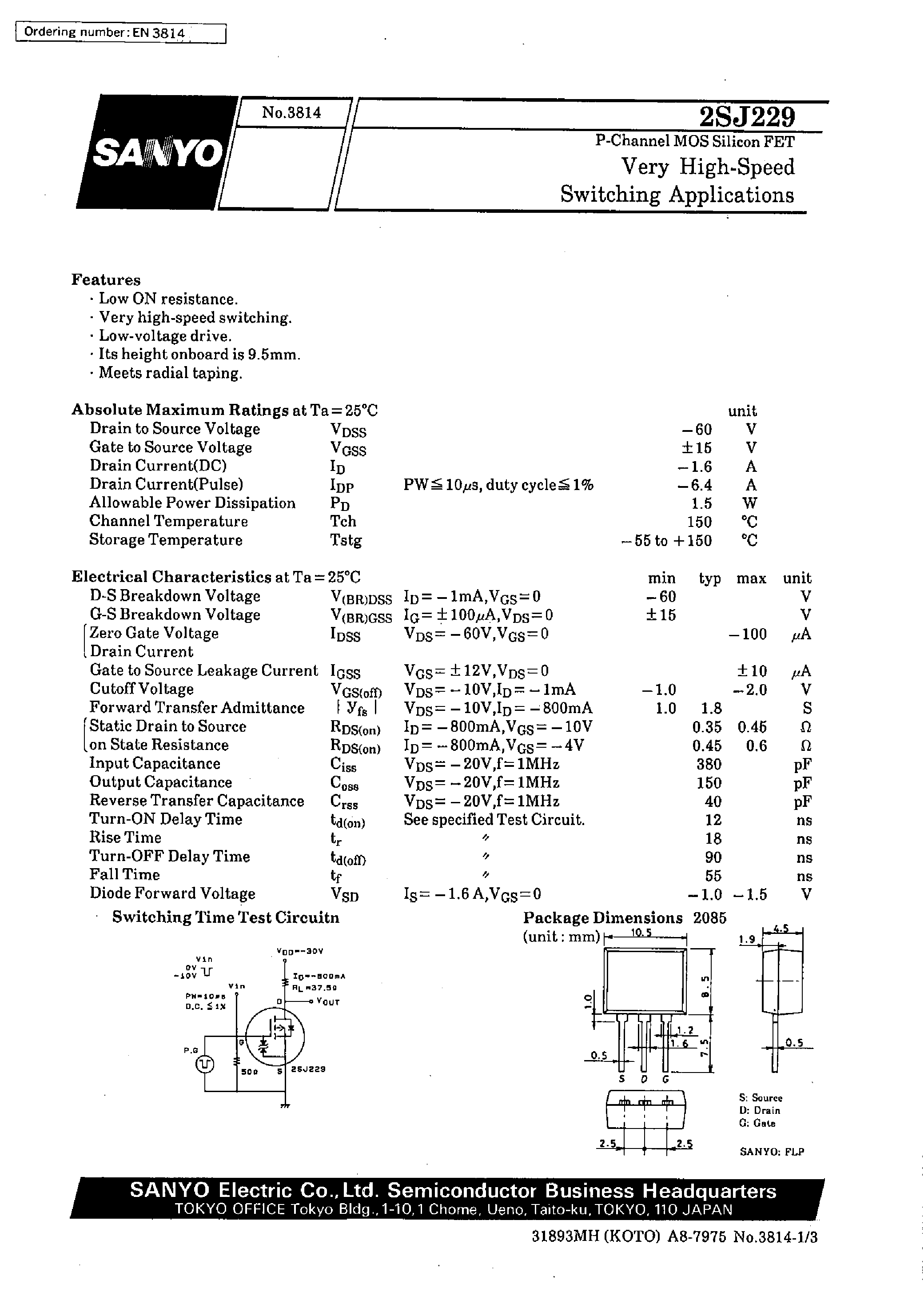 Даташит 2SJ229 - Very High-Speed Switching Applications страница 1