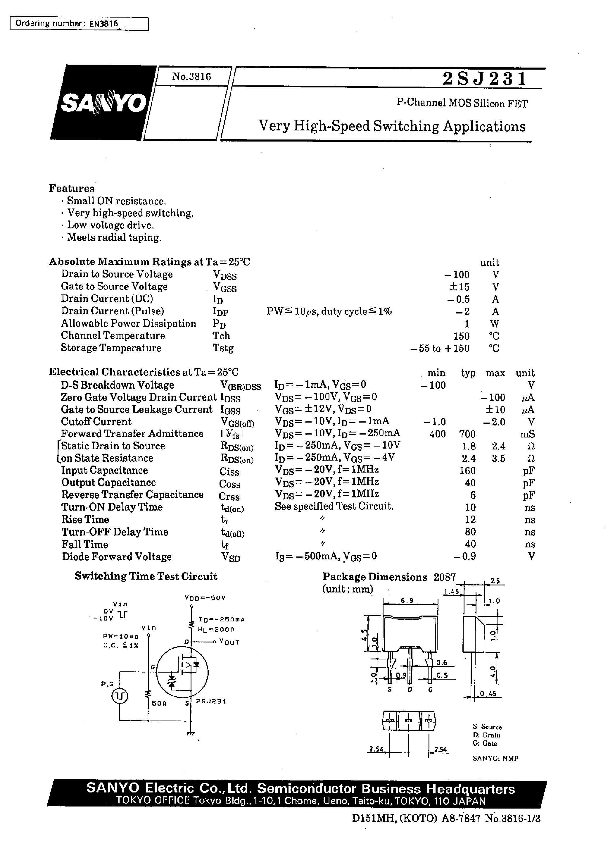 Даташит 2SJ231 - Very High-Speed Switching Applications страница 1