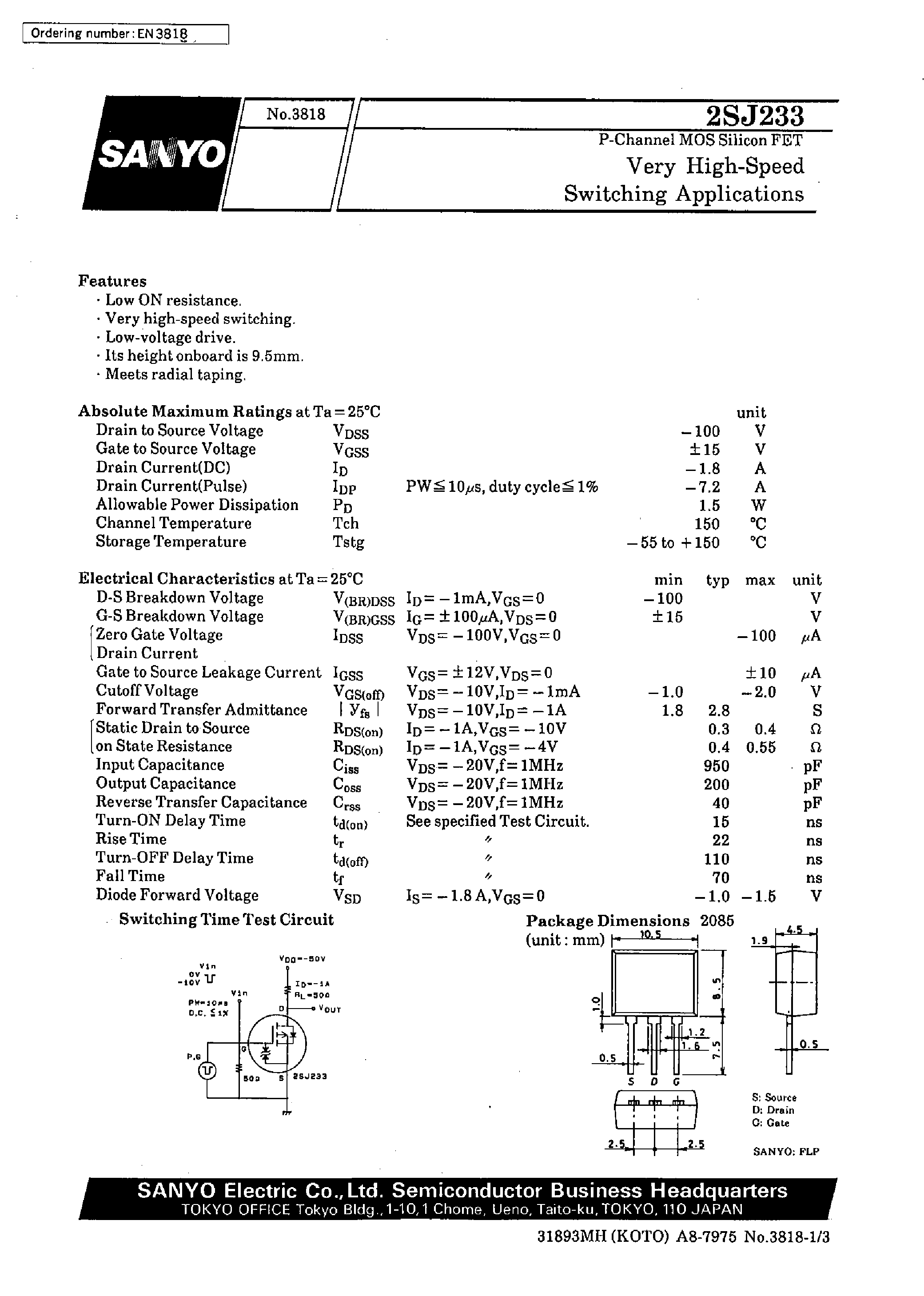 Даташит 2SJ233 - Very High-Speed Switching Applications страница 1