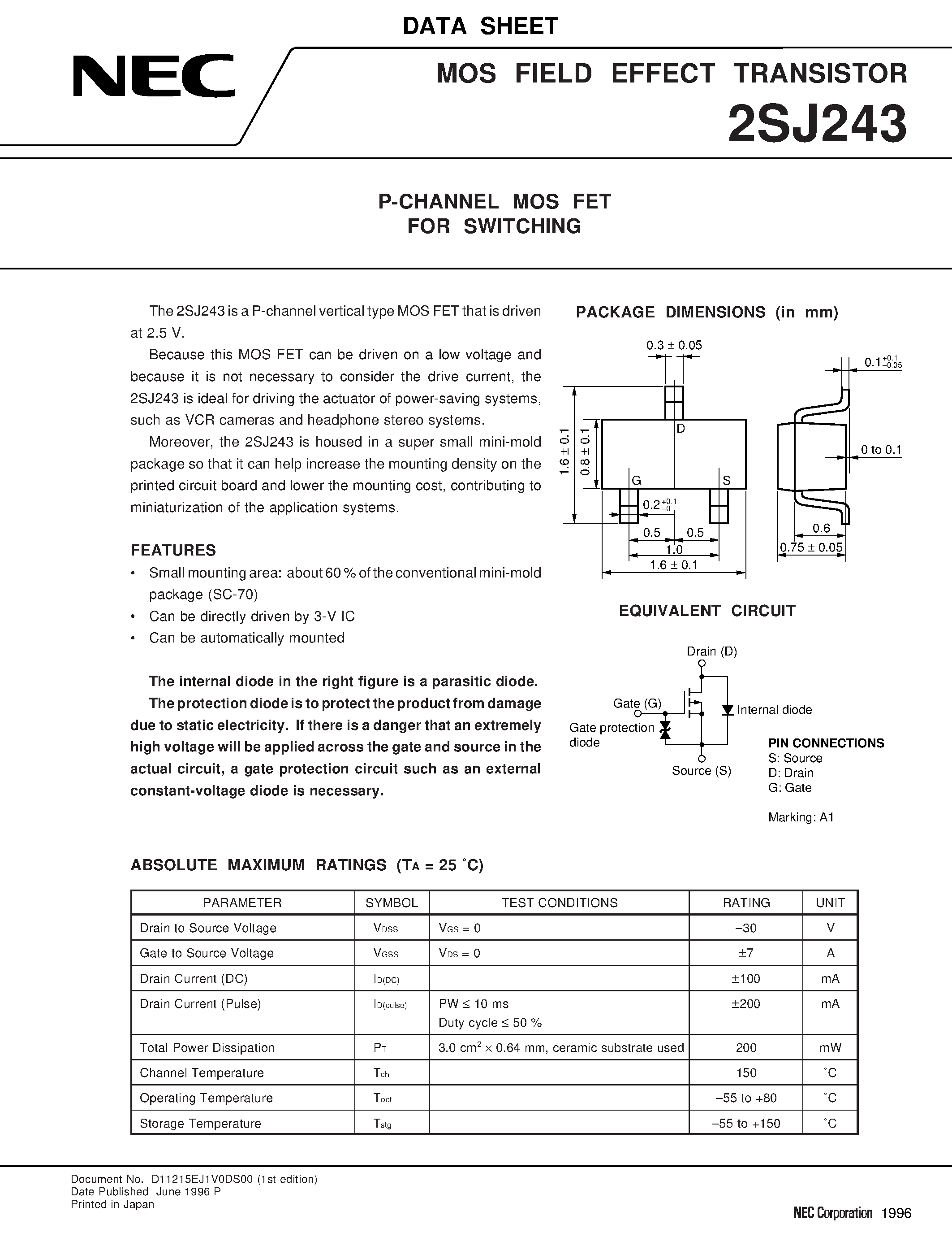 Даташит 2SJ243 - P-CHANNEL MOS FET FOR SWITCHING страница 1