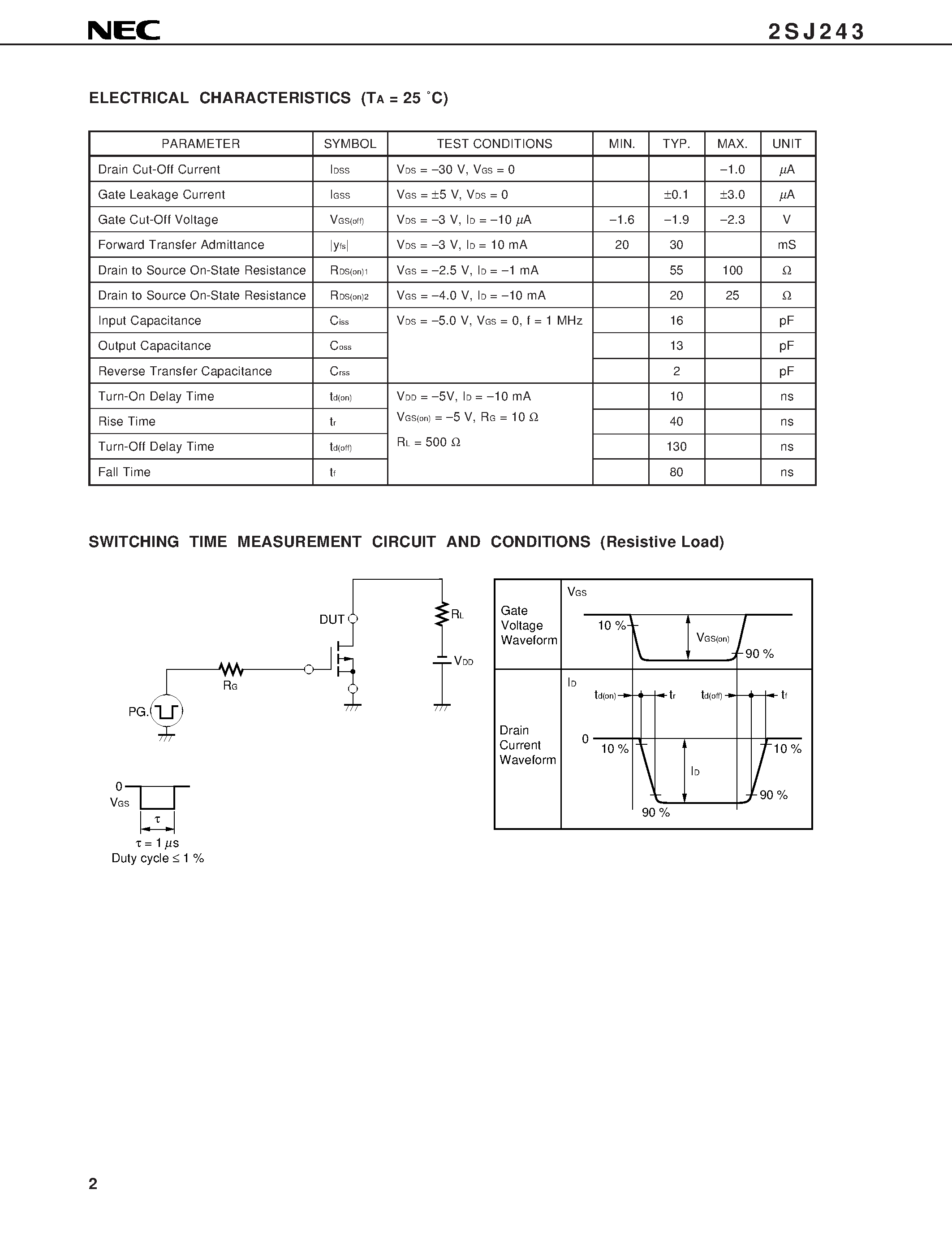 Даташит 2SJ243 - P-CHANNEL MOS FET FOR SWITCHING страница 2