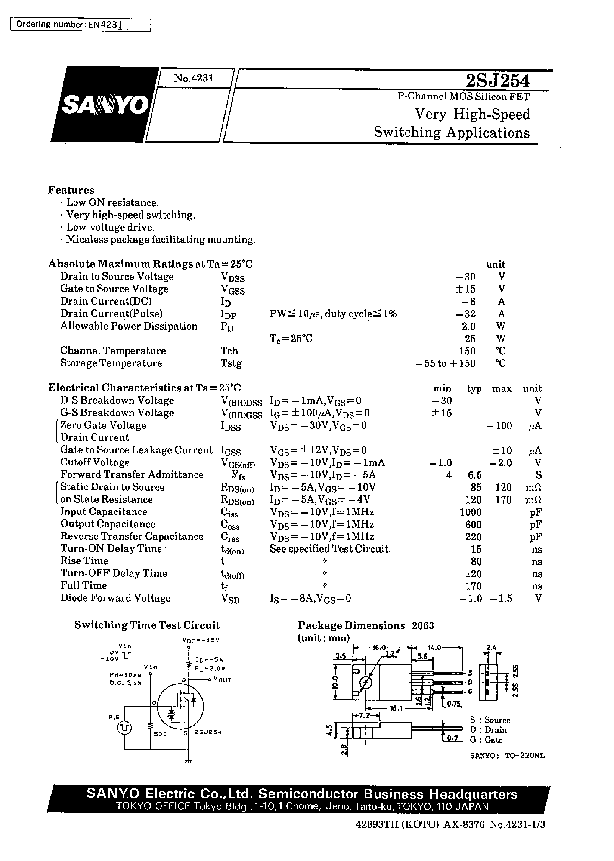 Даташит 2SJ254 - Very High-Speed Switching Applications страница 1