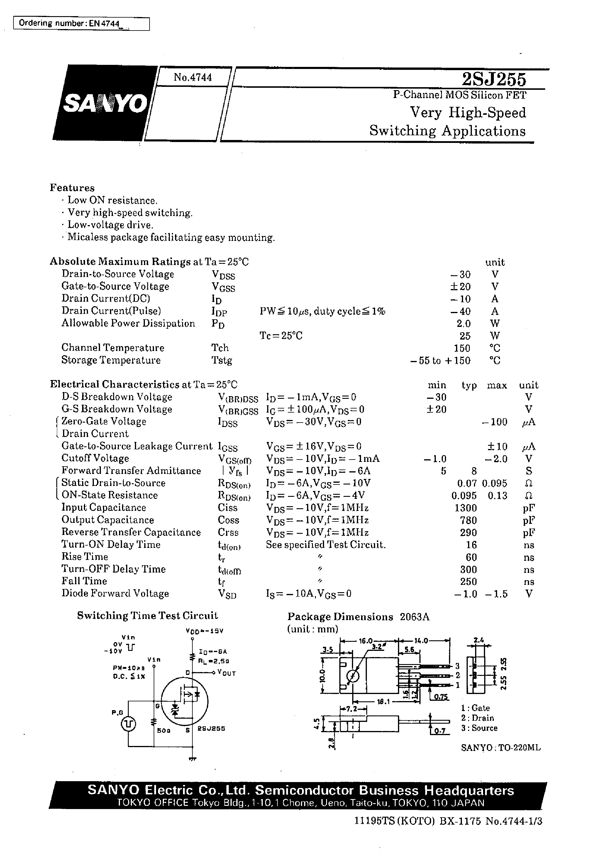 Даташит 2SJ255 - Very High-Speed Switching Applications страница 1