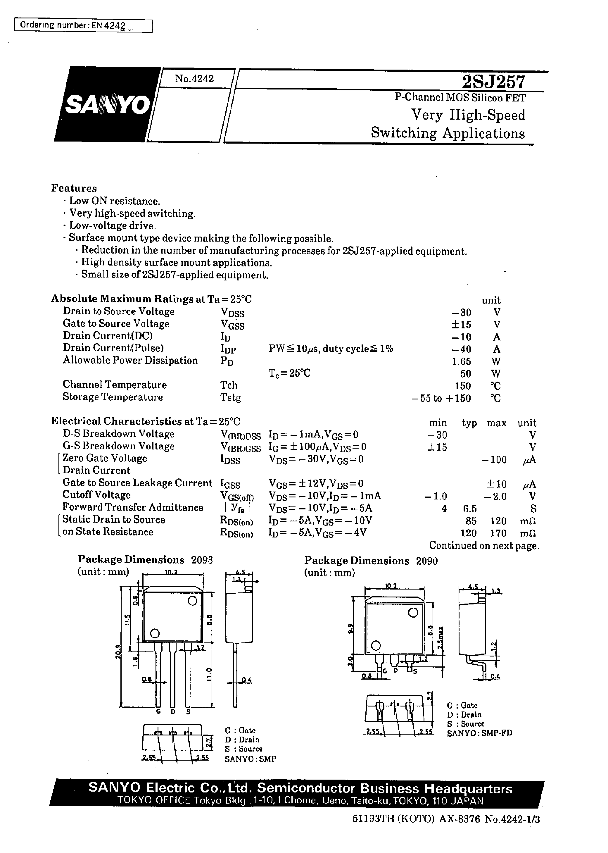 Даташит 2SJ257 - Very High-Speed Switching Applications страница 1