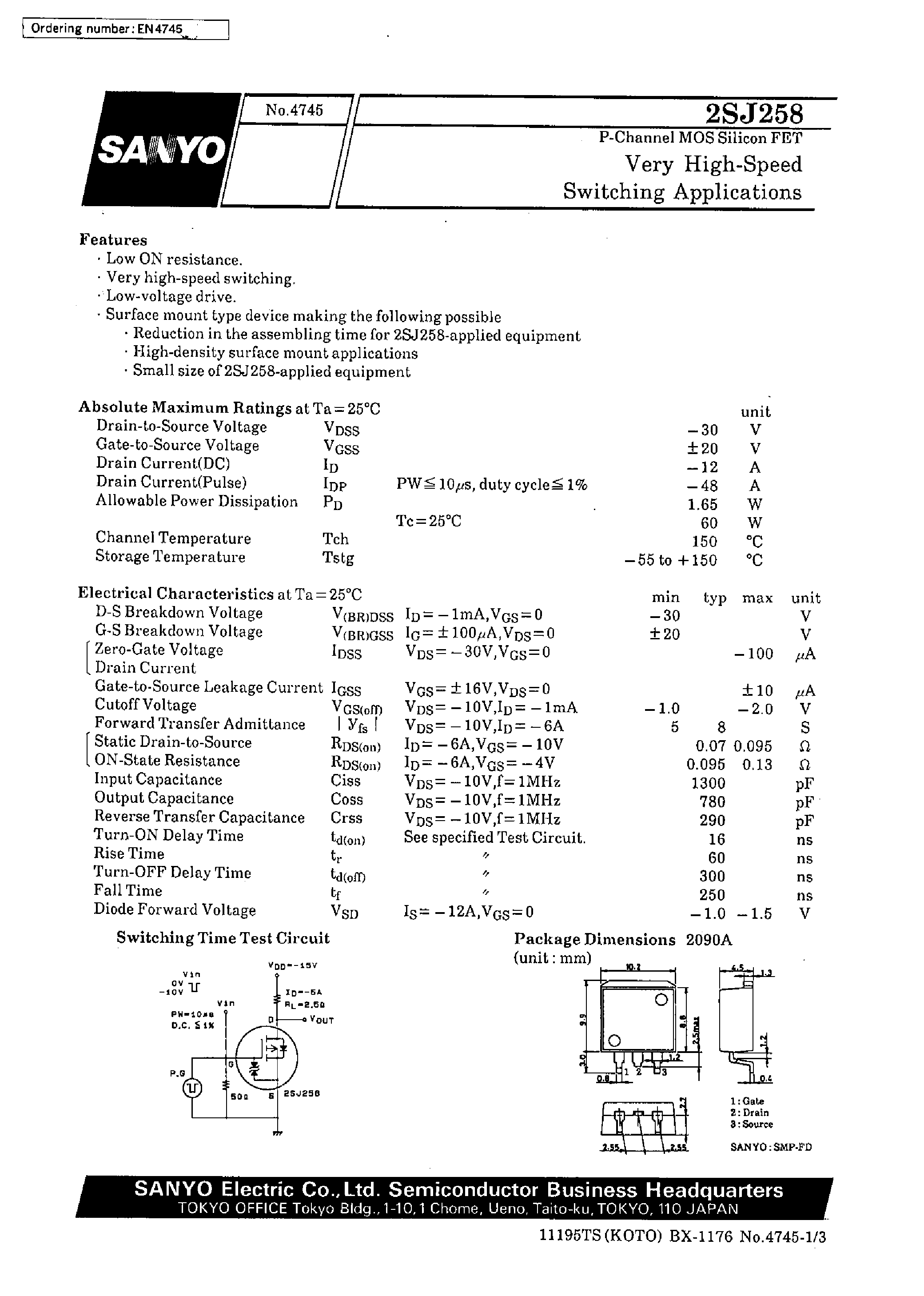 Даташит 2SJ258 - Very High-Speed Switching Applications страница 1