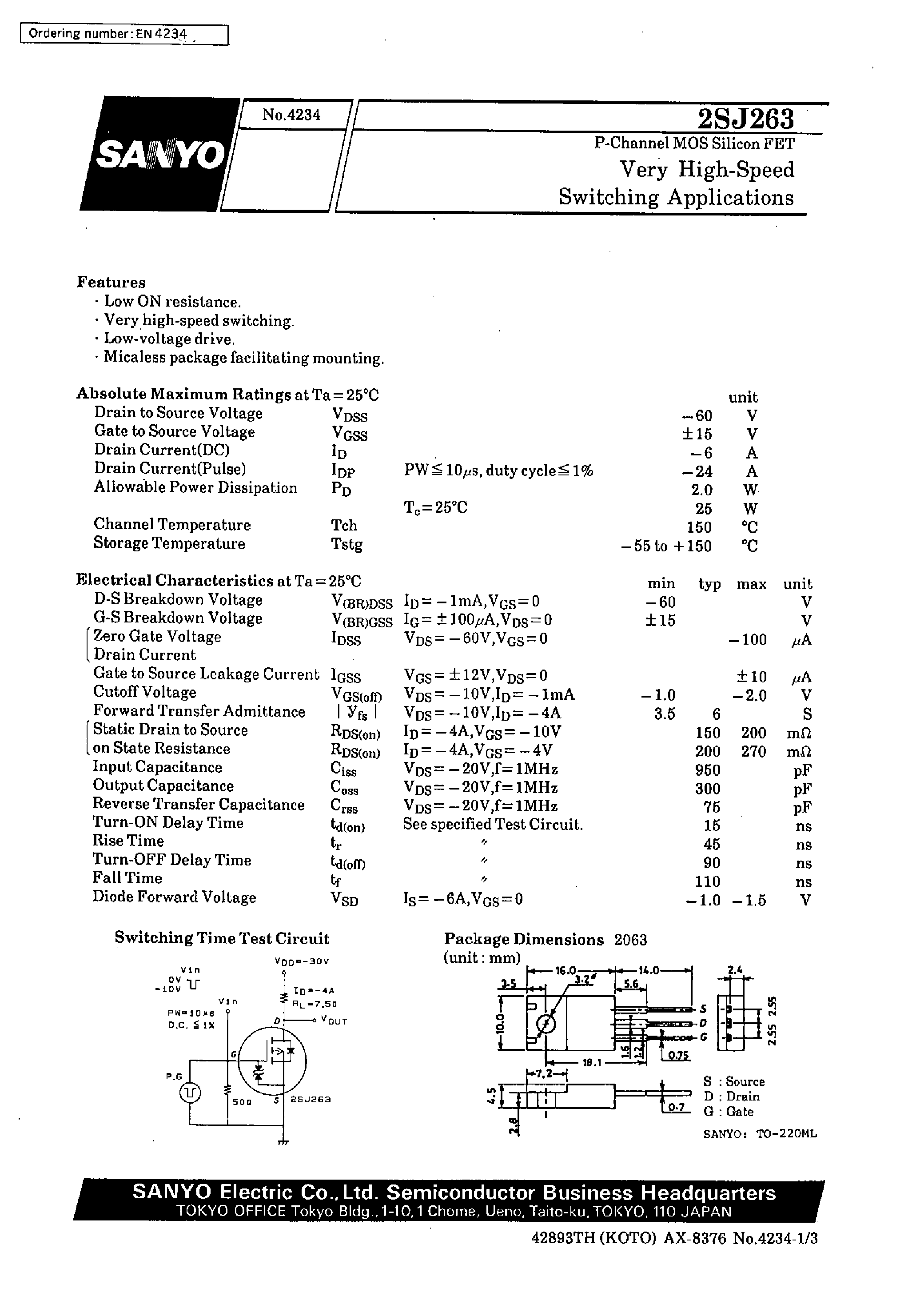 Даташит 2SJ263 - Very High-Speed Switching Applications страница 1