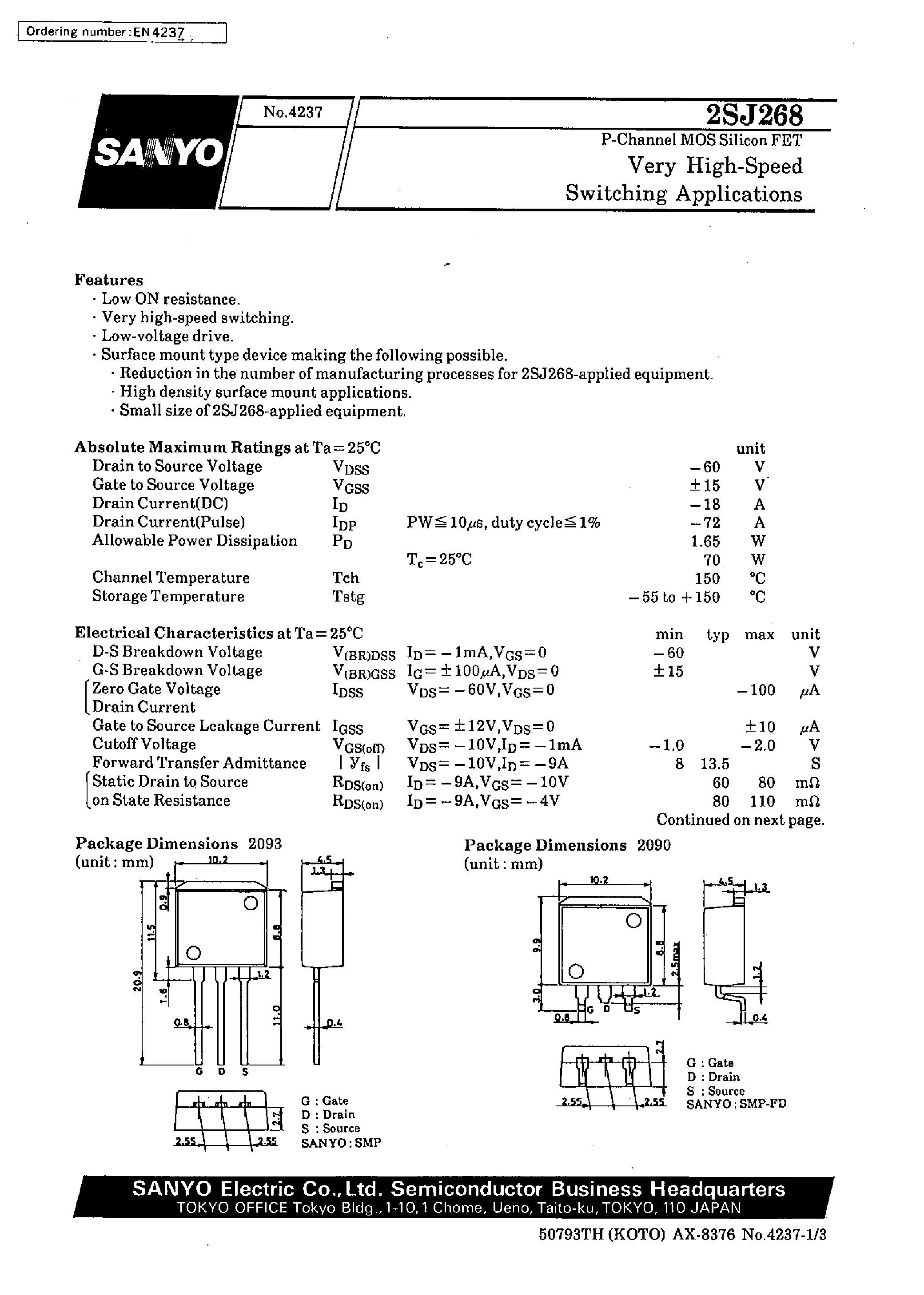 Даташит 2SJ268 - Very High-Speed Switching Applications страница 1