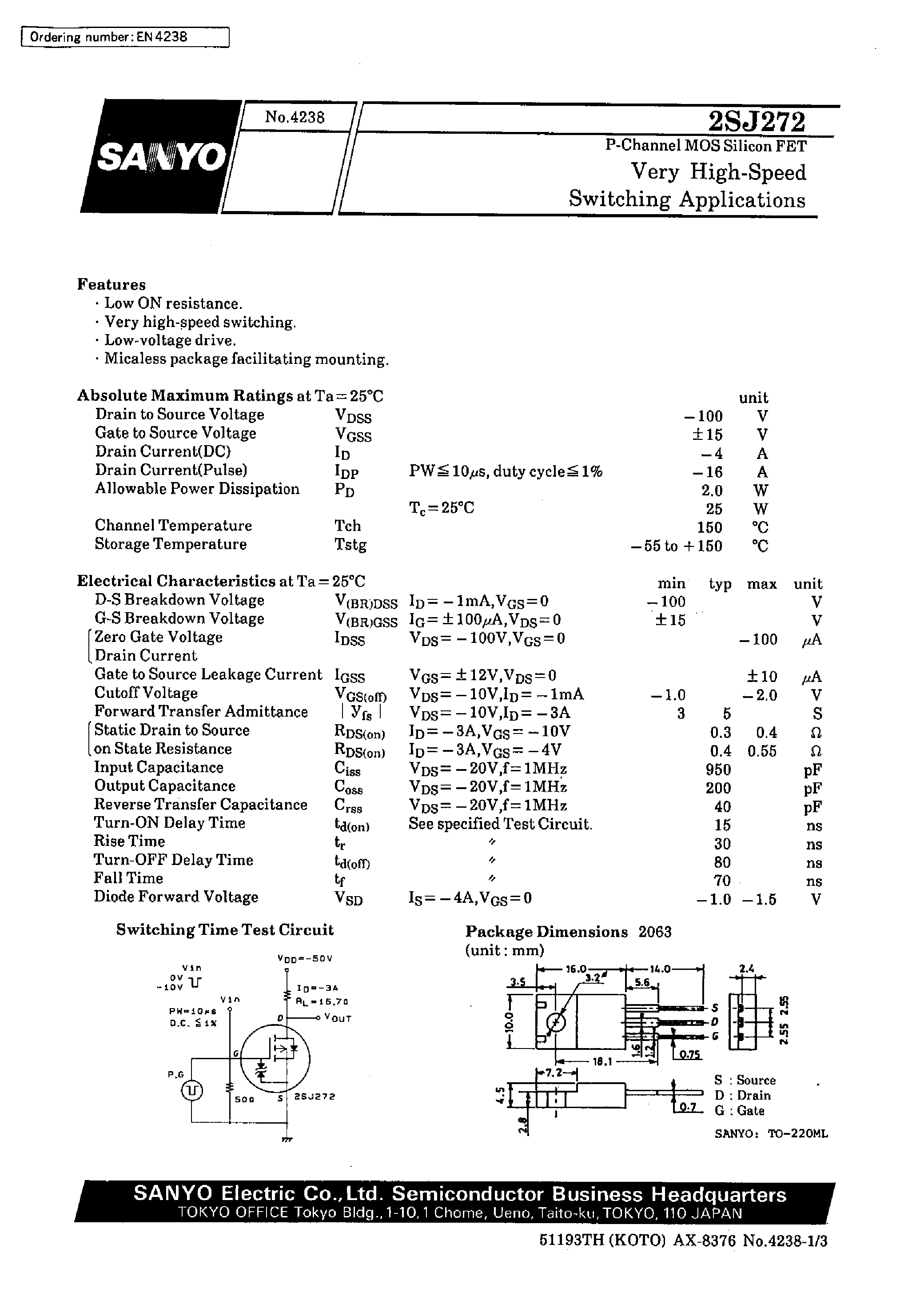 Даташит 2SJ272 - Very High-Speed Switching Applications страница 1