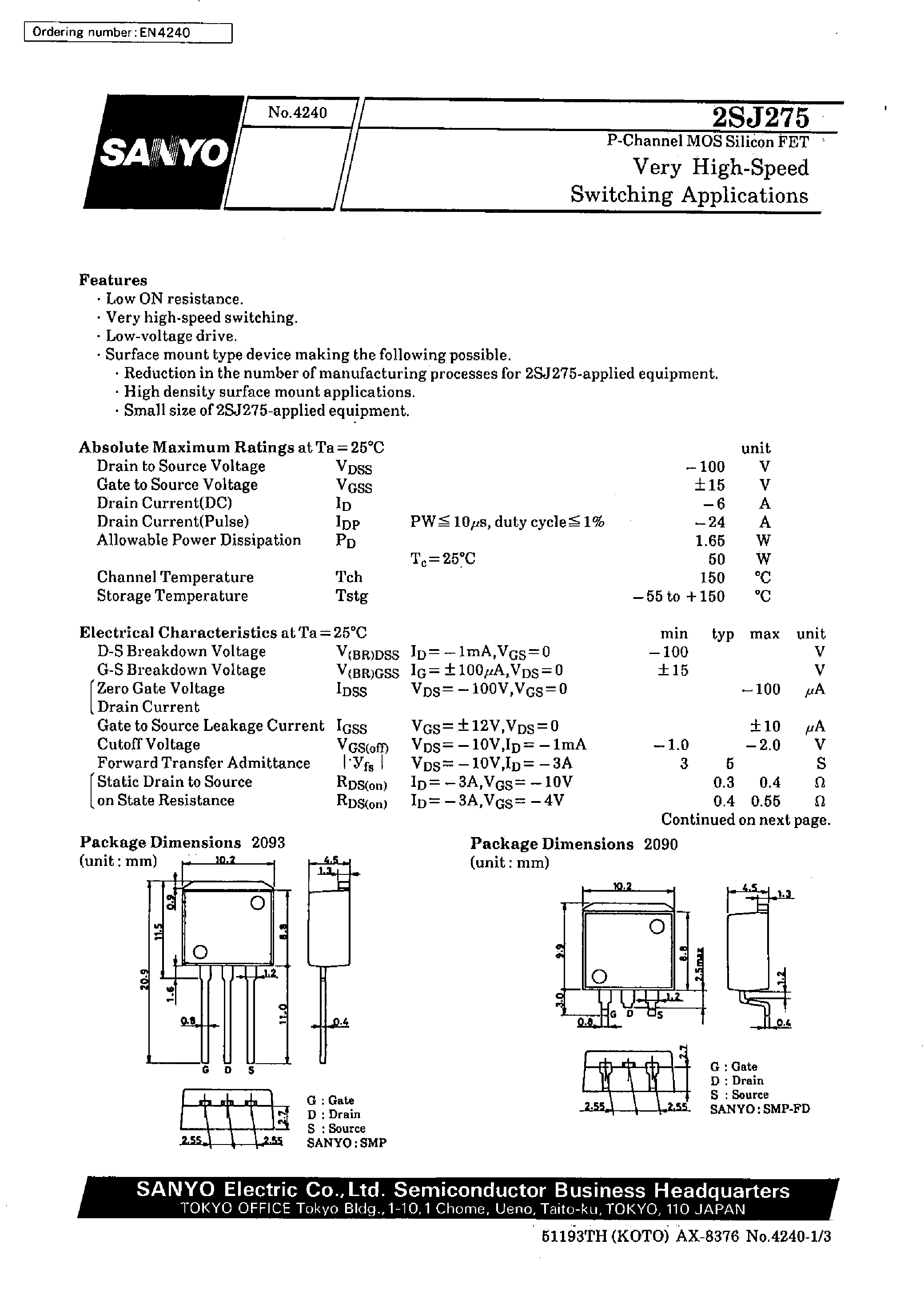 Даташит 2SJ275 - Very High-Speed Switching Applications страница 1