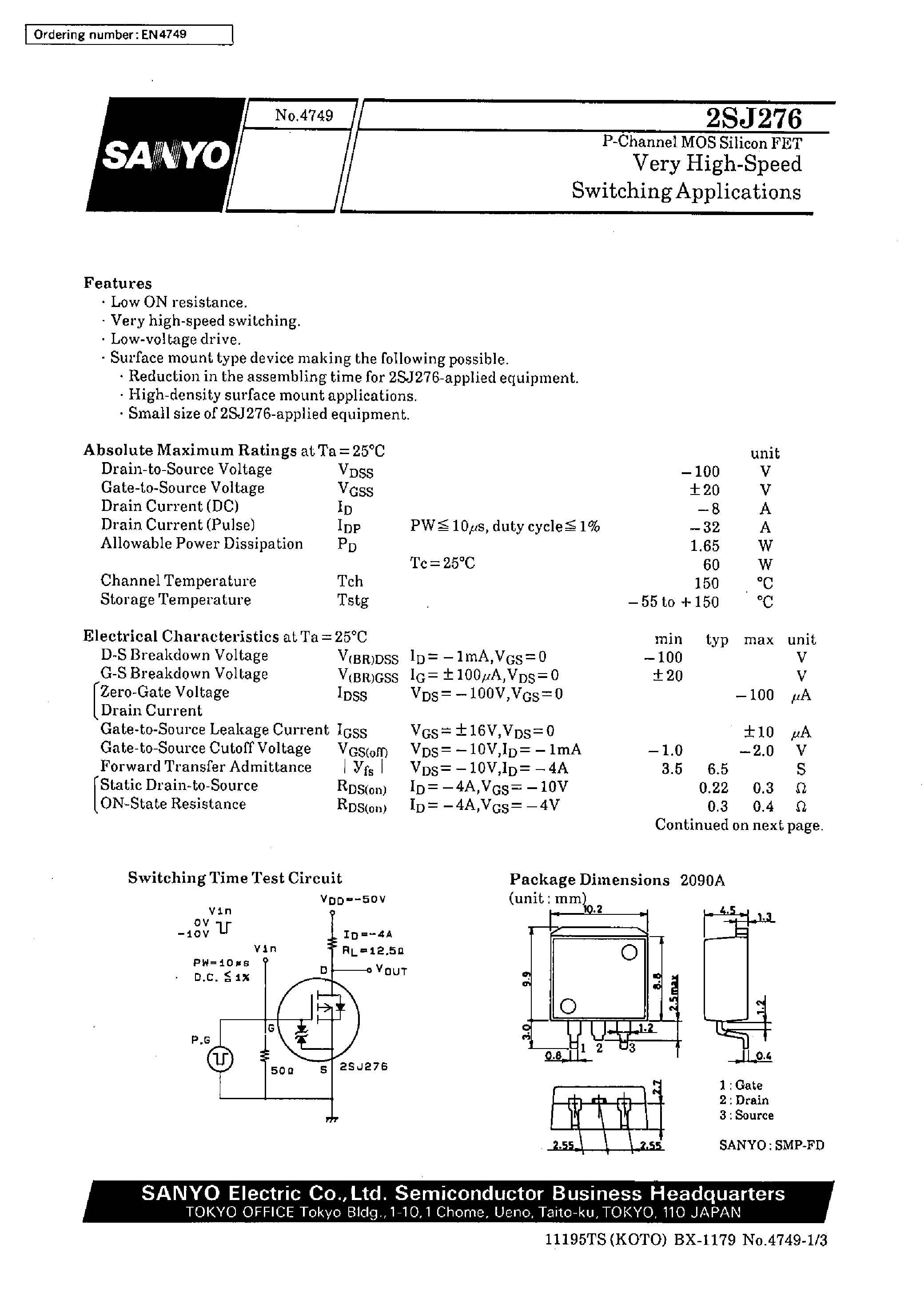 Даташит 2SJ276 - Very High-Speed Switching Applications страница 1