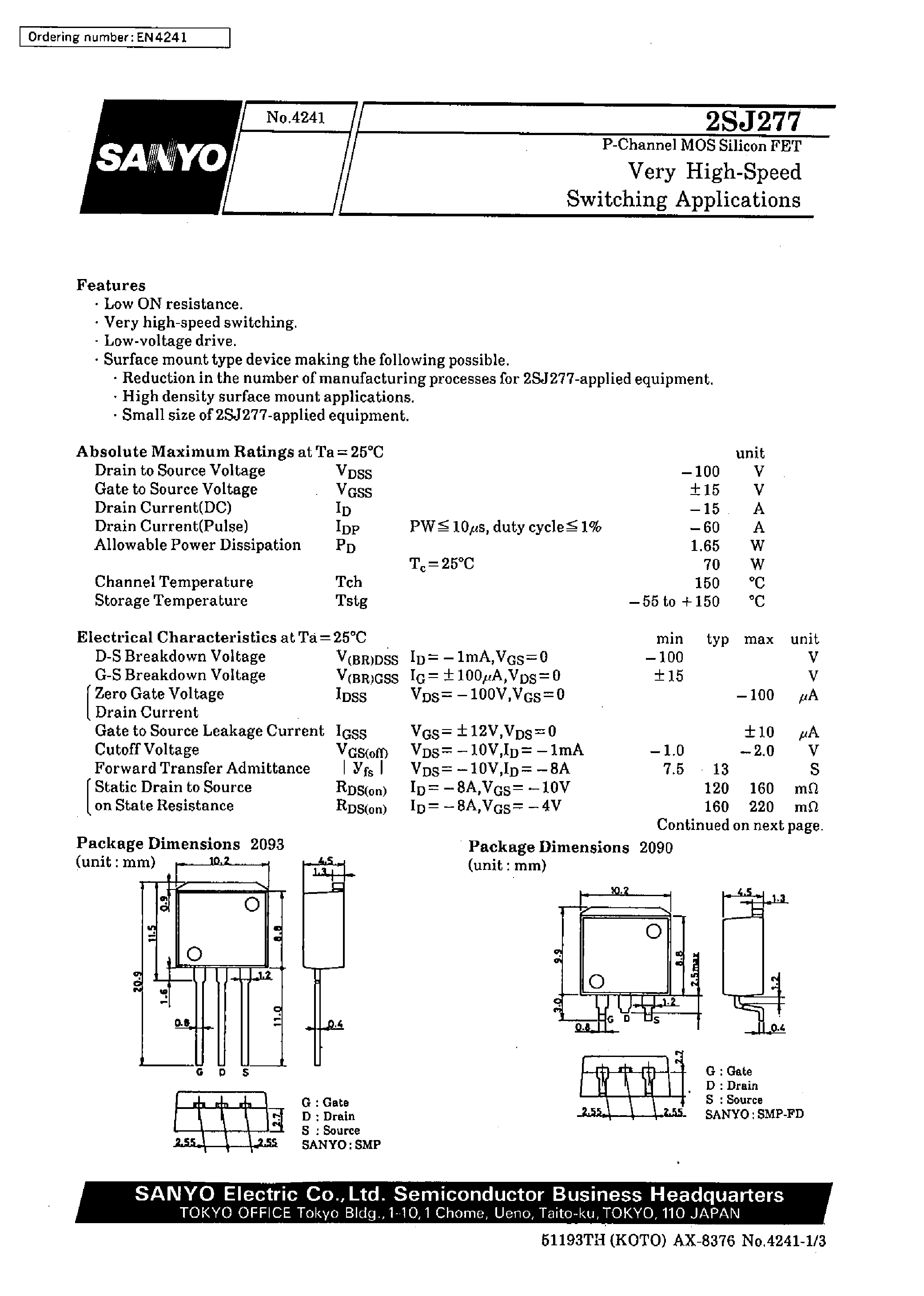 Даташит 2SJ277 - Very High-Speed Switching Applications страница 1