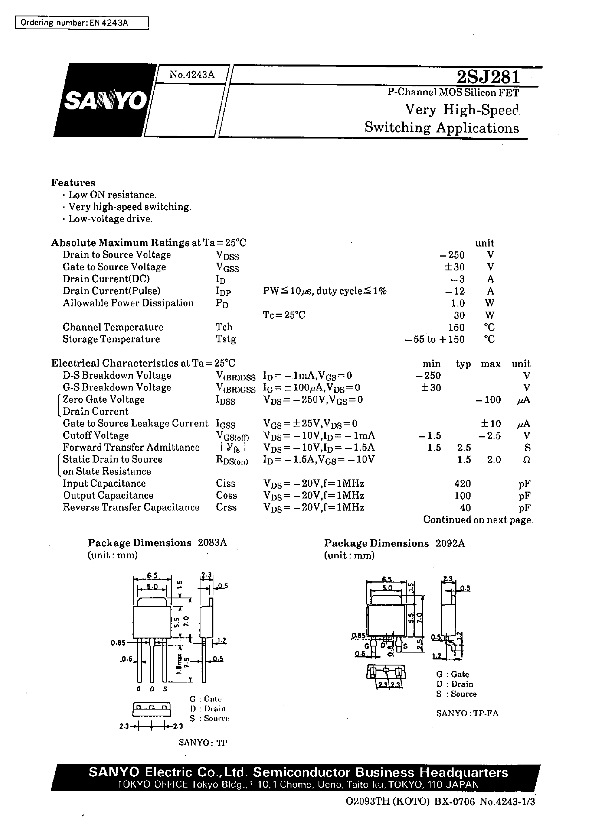 Даташит 2SJ281 - Very High-Speed Switching Applications страница 1