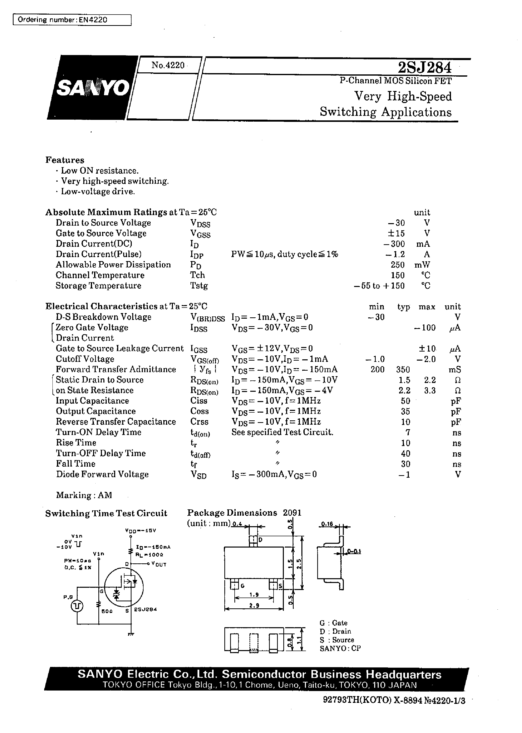 Даташит 2SJ284 - Very High-Speed Switching Applications страница 1