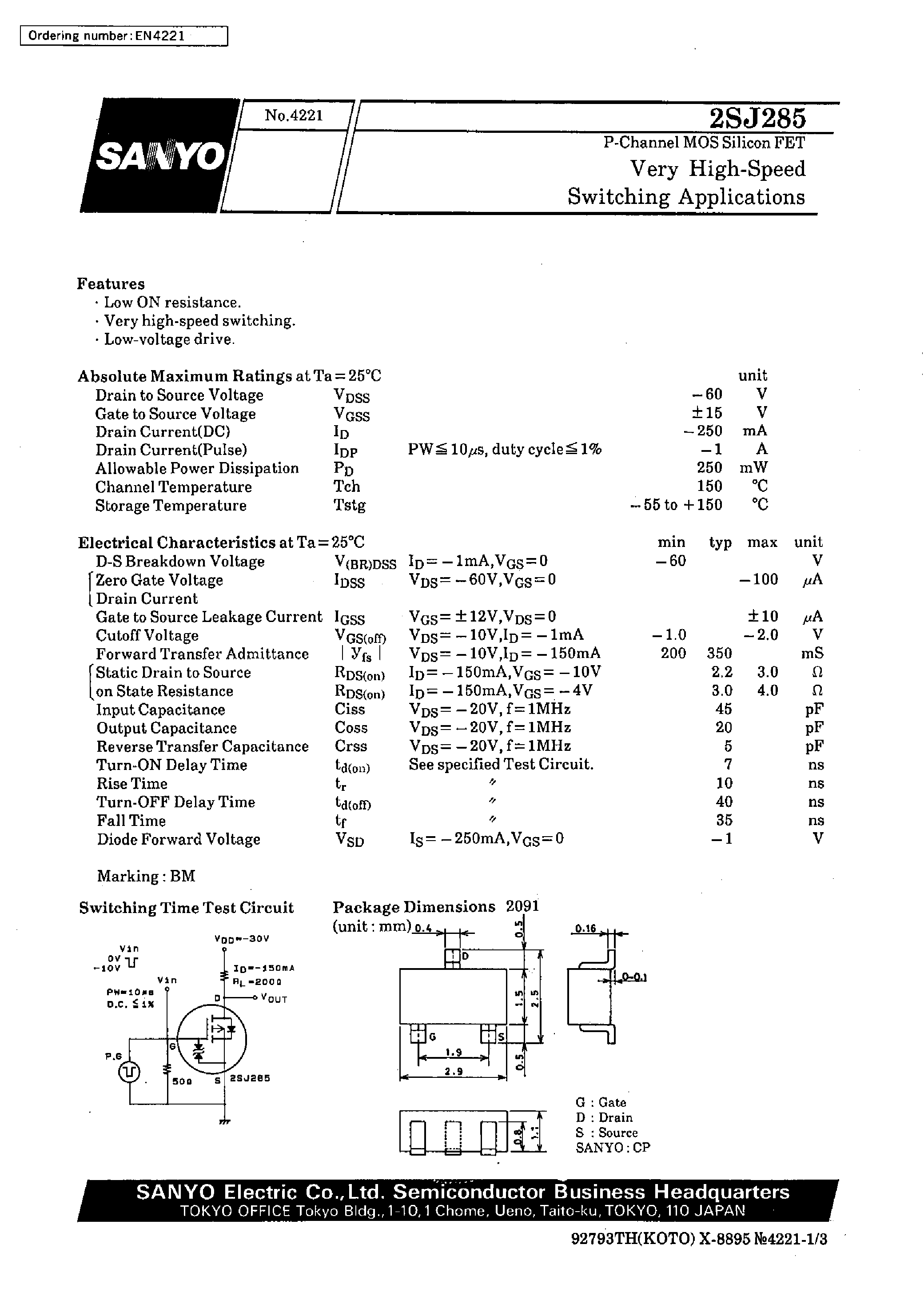 Даташит 2SJ285 - Very High-Speed Switching Applications страница 1