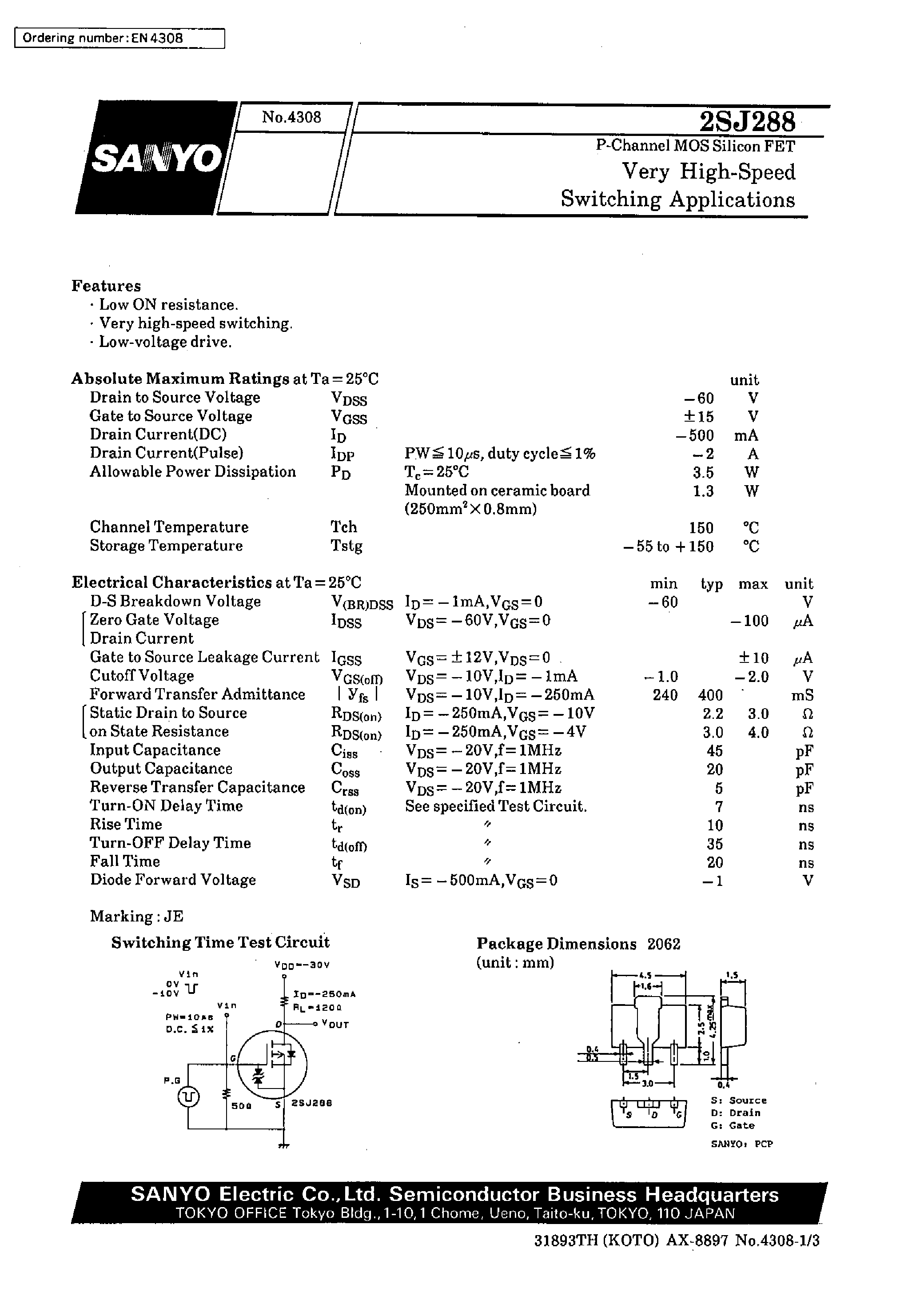 Даташит 2SJ288 - Very High-Speed Switching Applications страница 1