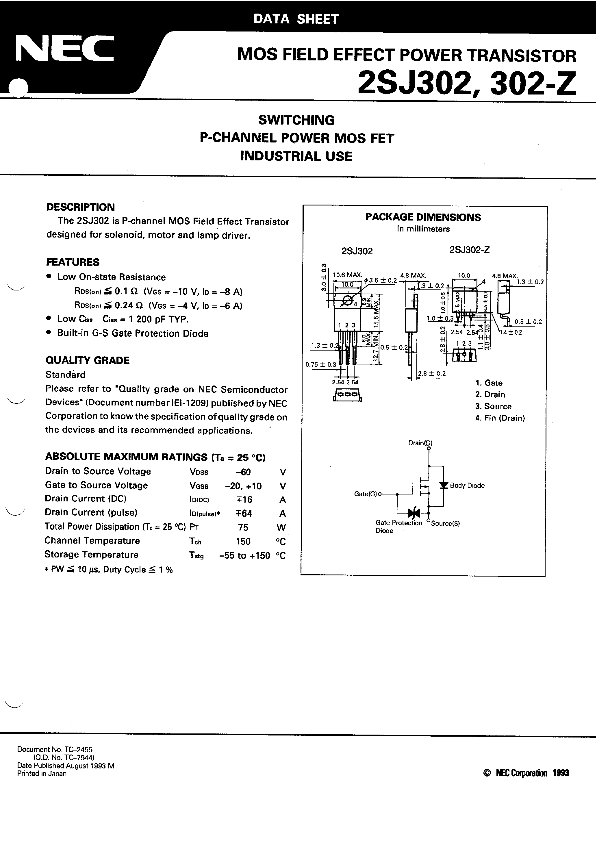 Даташит 2SJ302 - SWITCHING P-CHANNEL POWER MOS FET INDUSTRIAL USE страница 1