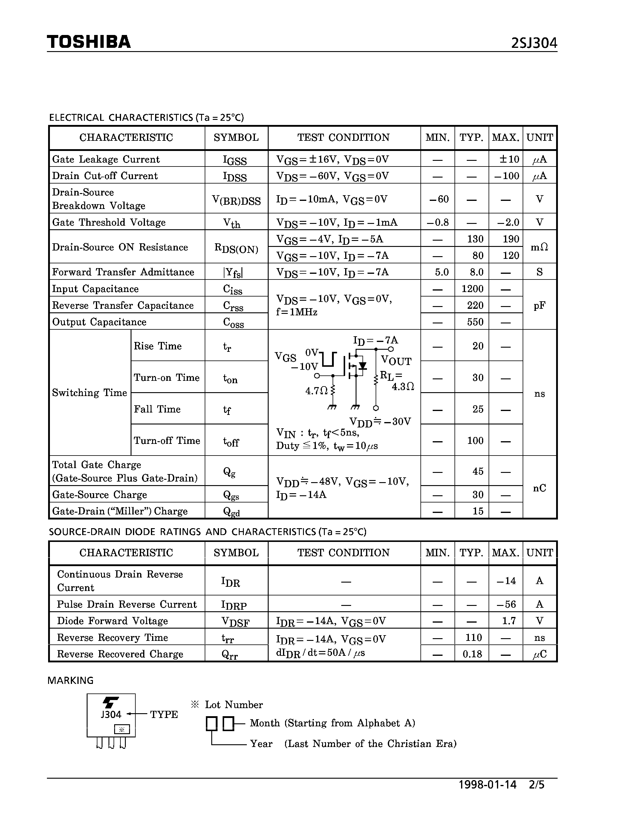 Даташит 2SJ304 - P CHANNEL MOS TYPE (HIGH SPEED/ HIGH CURRENT SWITCHING/ DC-DC CONVERTER/ RELAY DRIVE AND MOTOR DRIVE APPLICATIONS) страница 2