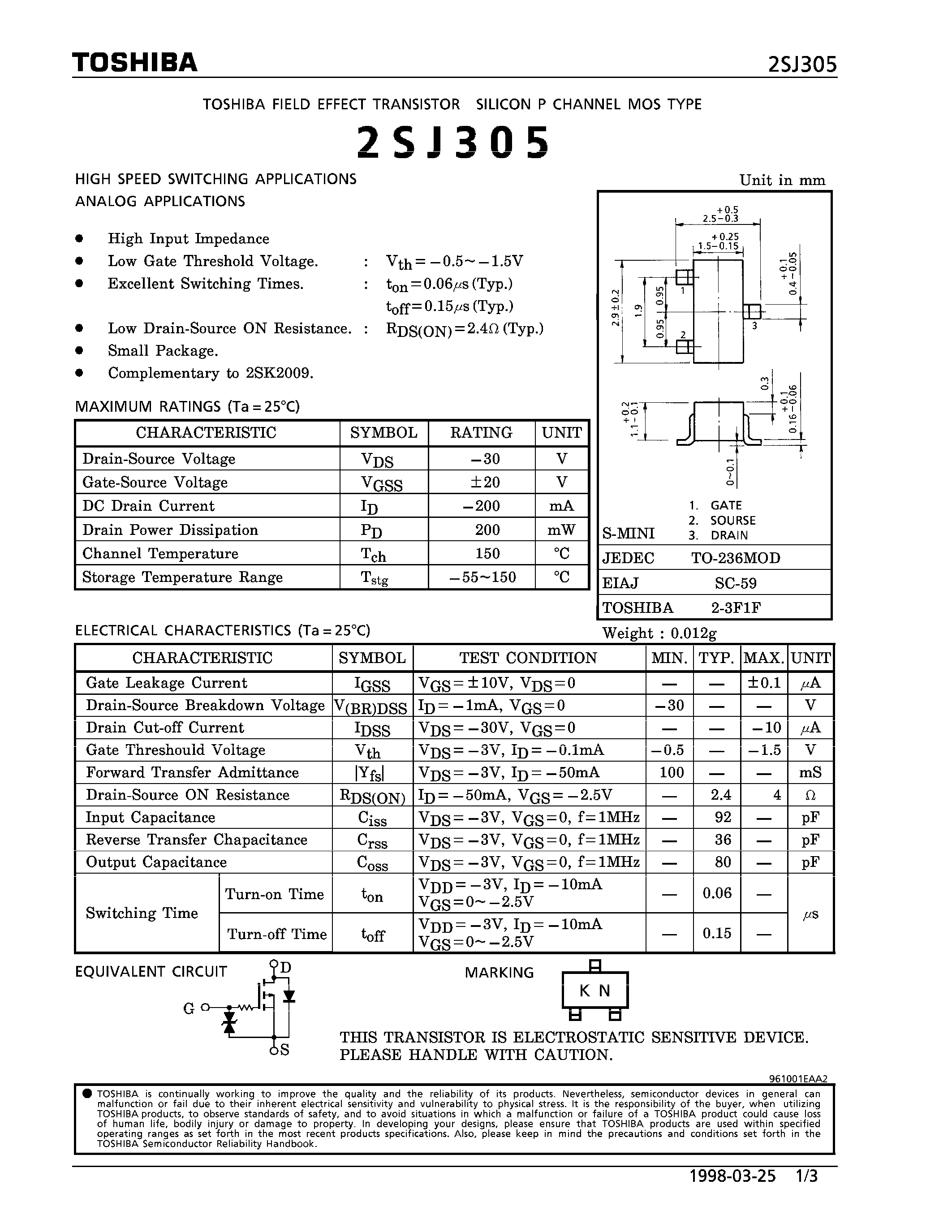 Даташит 2SJ305 - P CHANNEL MOS TYPE (HIGH SPEED SWITCHING/ ANALOG APPLICATIONS) страница 1