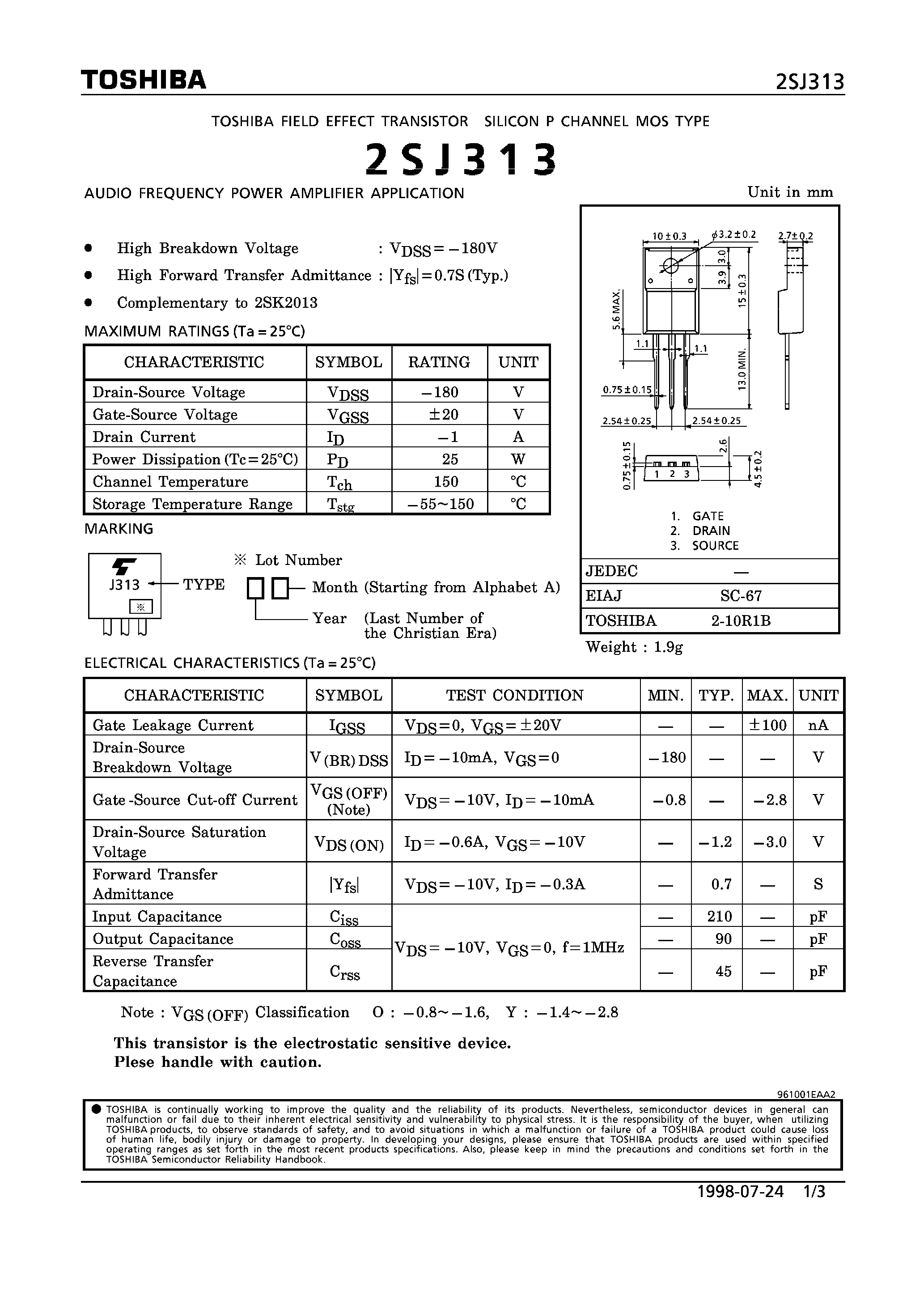 Даташит 2SJ313 - P CHANNEL MOS TYPE (AUDIO FREQUENCY POWER AMPLIFIER APPLICATION) страница 1