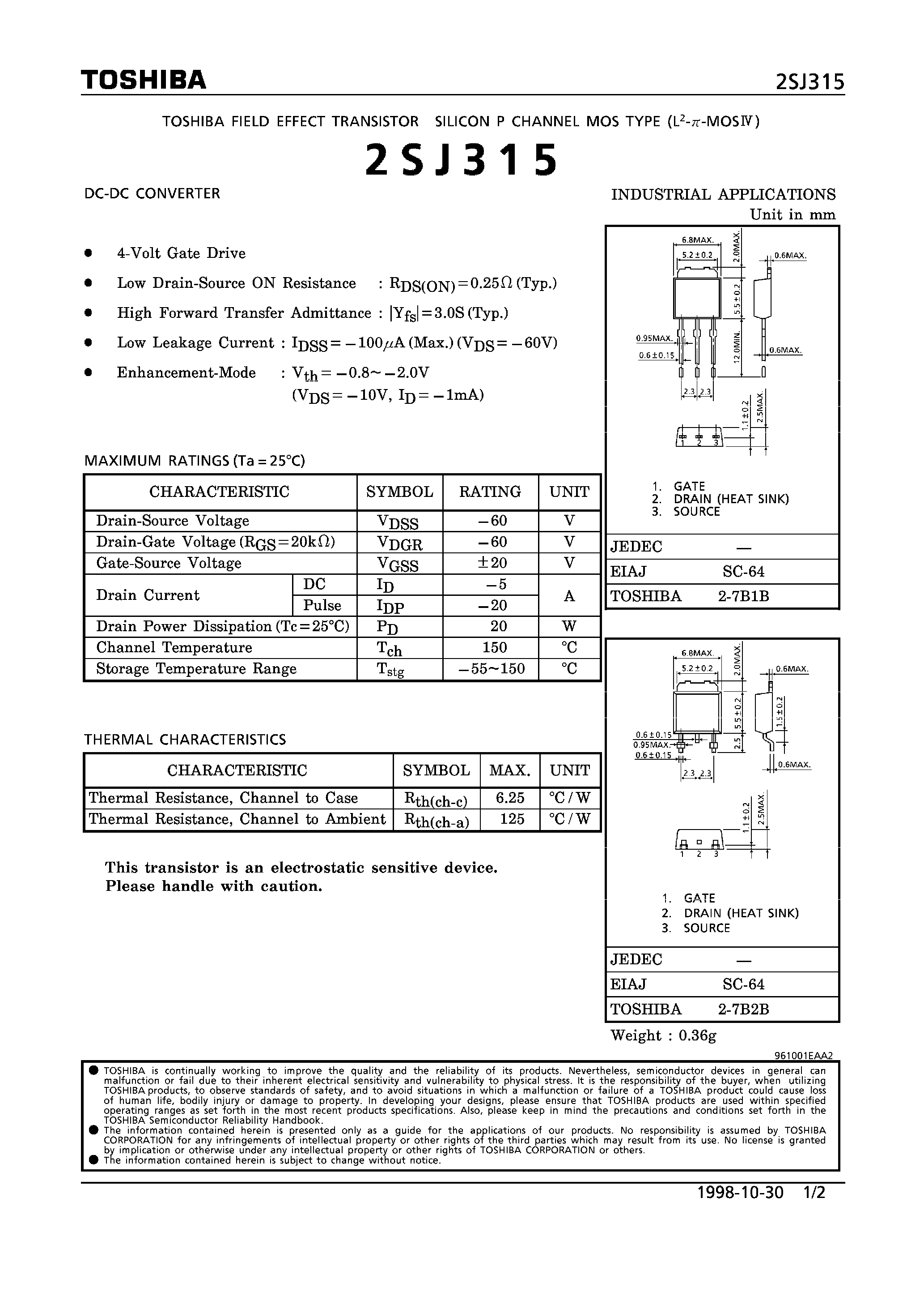 Даташит 2SJ315 - P CHANNEL MOS TYPE (DC-DC CONVERTER) страница 1