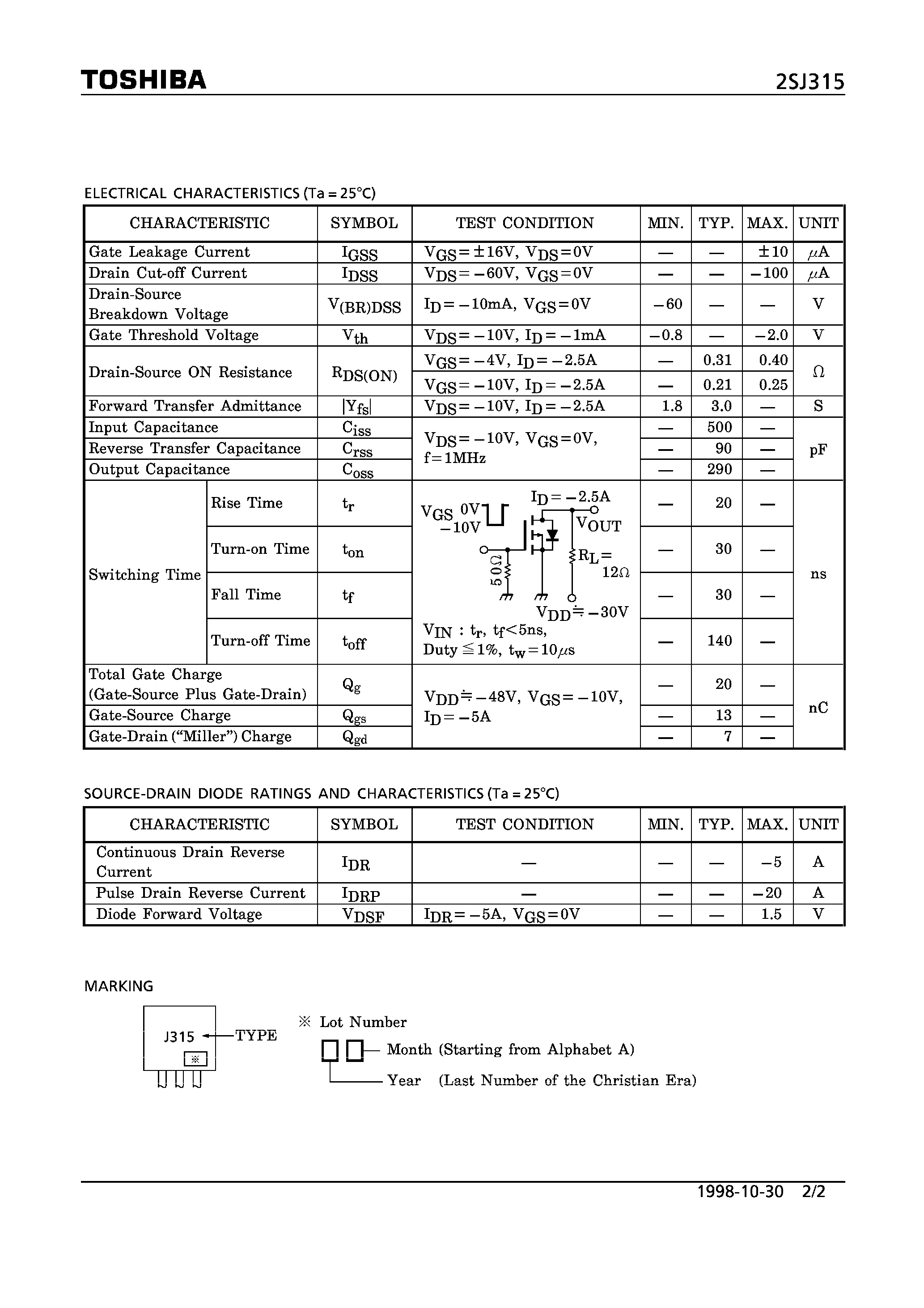 Даташит 2SJ315 - P CHANNEL MOS TYPE (DC-DC CONVERTER) страница 2